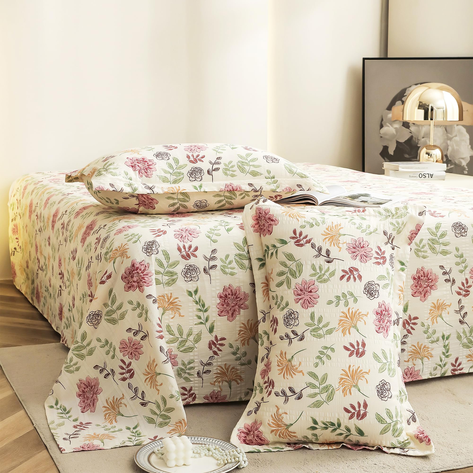Story@Home King Size Bedsheet | Cloud Cotton Flatsheet King Size with Two Pillow Covers| Super Soft Bed Sheet for King Size Bed | Floral Design (270 x 250 cm, Off White & Pink)
