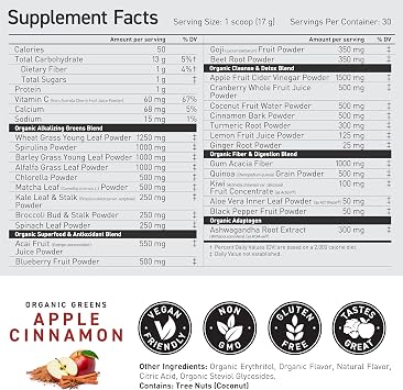 Kaged Organic Greens Powder | Apple Cinnamon | Outlive 100 Superfood & Greens Powder | Apple Cider Vinegar, Supergreens, Ashwagandha | Vitamins & Minerals | Supplements for Men & Women | 30 Servings