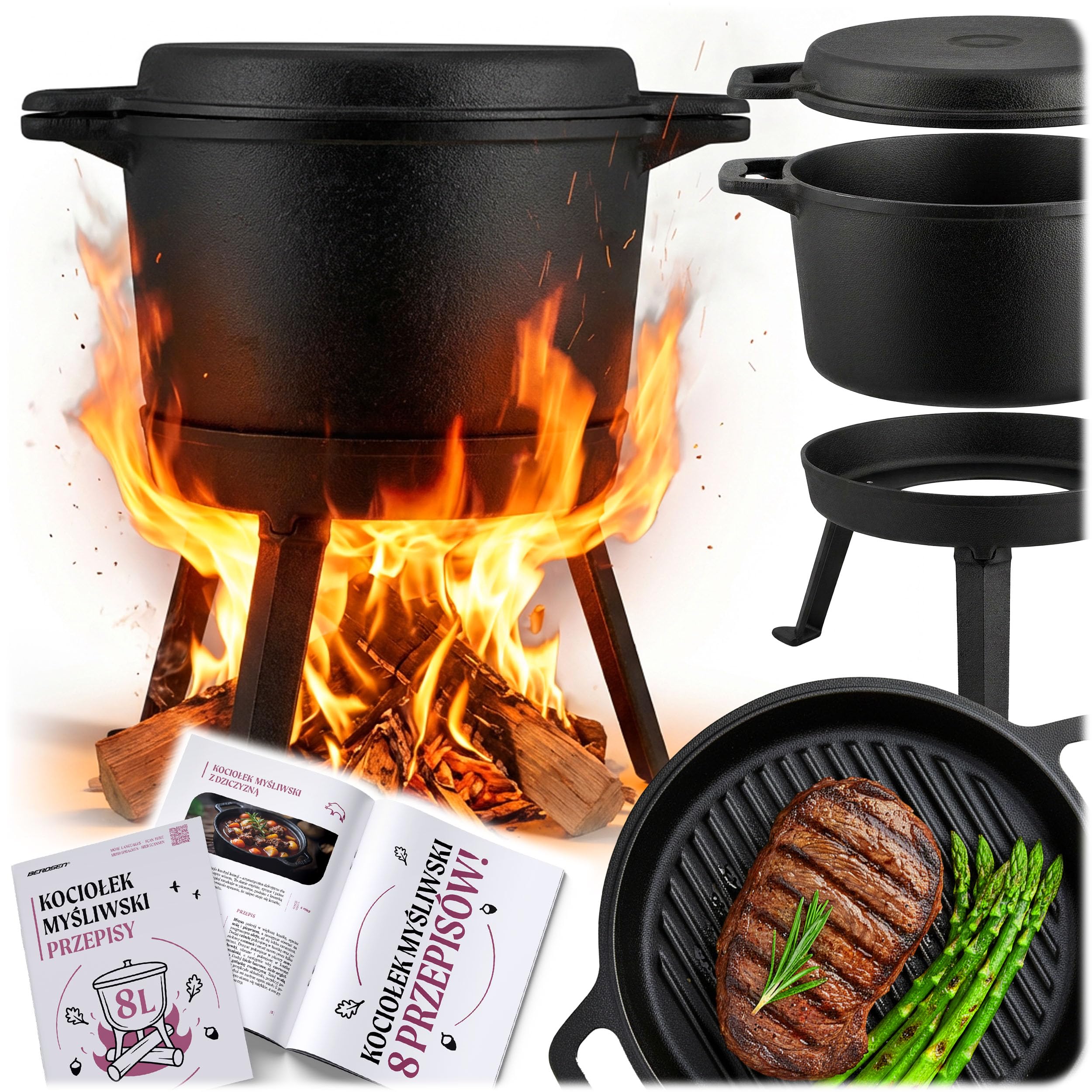 Berdsen Pentola in ghisa 8 l Dutch Oven – Pentola per fuoco per falò e barbecue, coperchio 2 in 1 utilizzabile come padella, con 3 gambe e ganci – incluso ricettario – nero