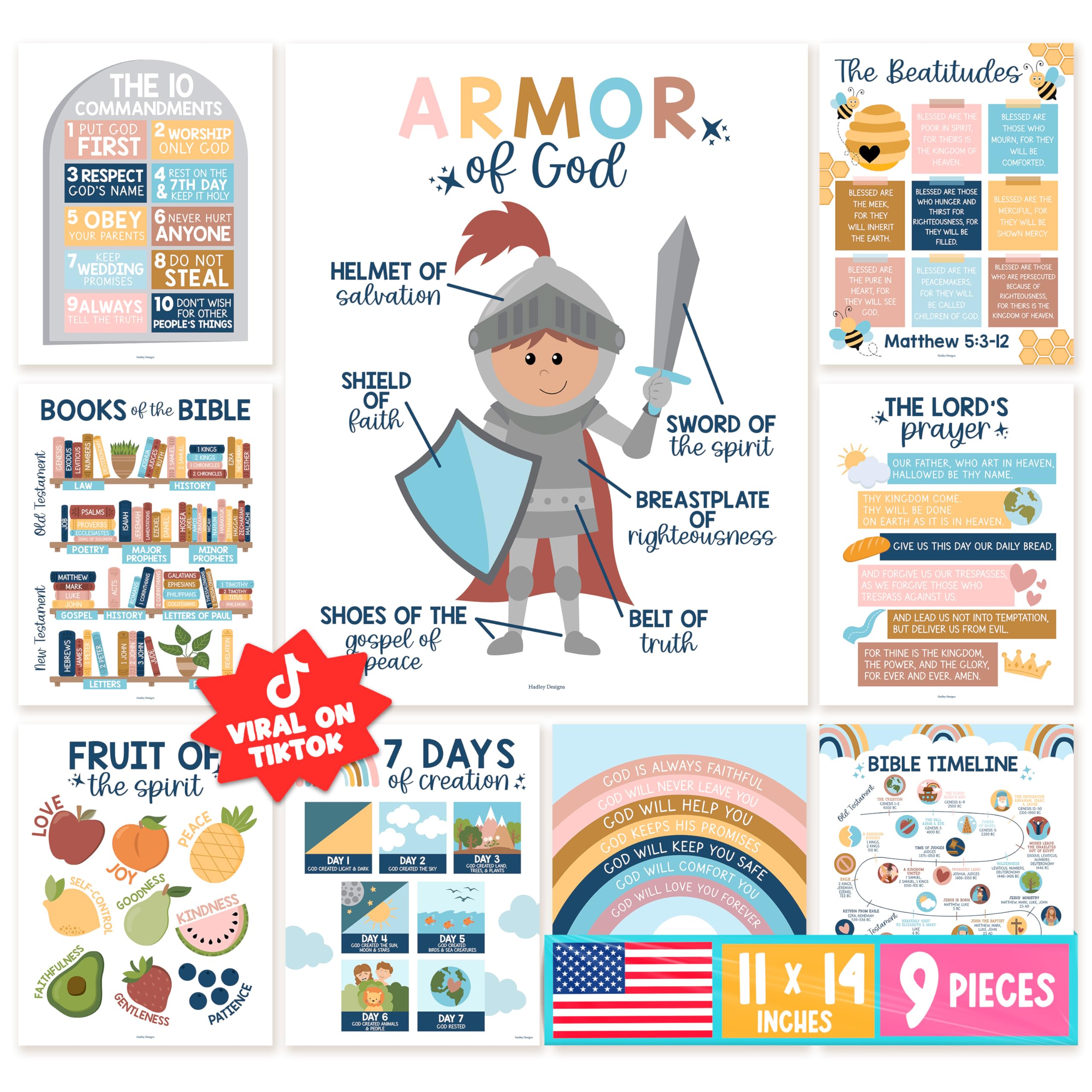 Hadley Designs Sunday School Decorations for Classroom – 9 Bible Posters for Kids, 11x14in Books of the Bible Poster, 10 Commandments, Fruits of the Spirit & More – Boho Christian Classroom Decor