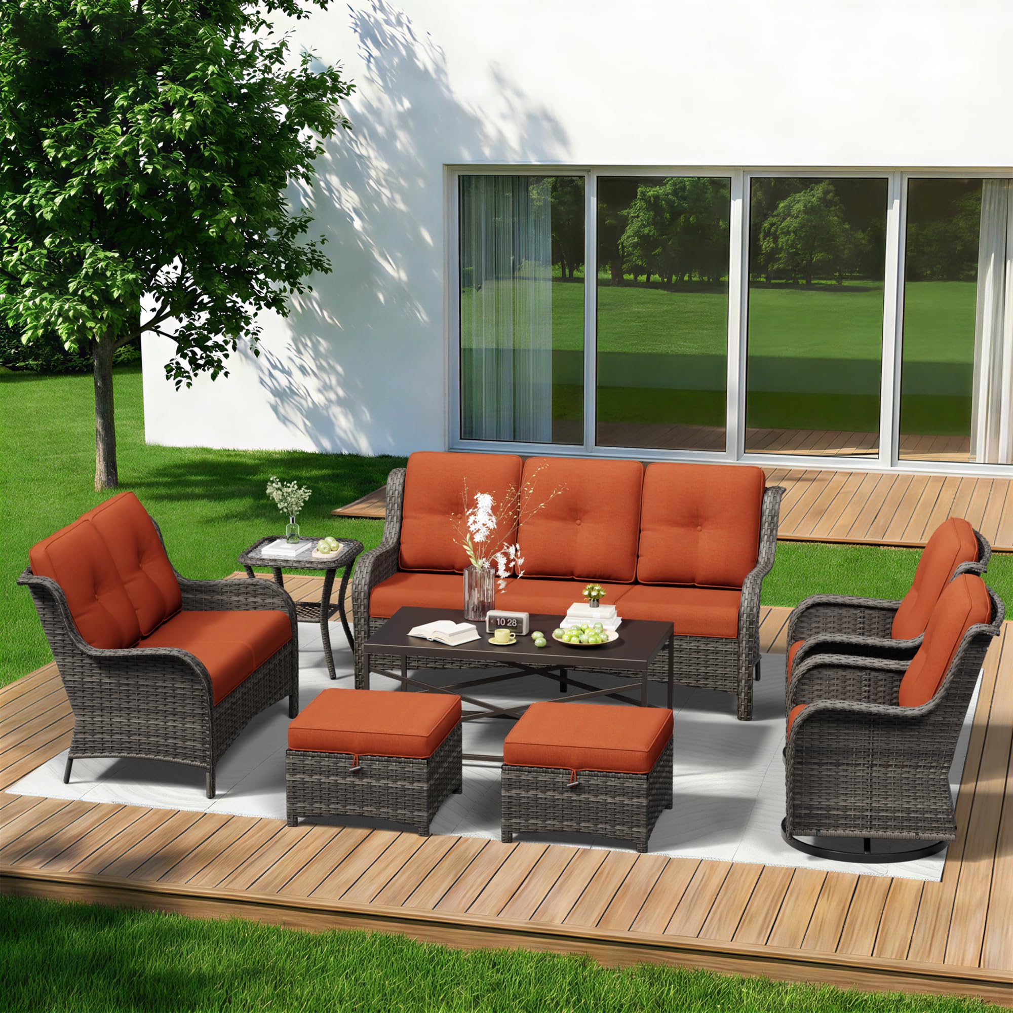 8 Piece Outdoor Wicker Patio Furniture Set, Outdoor Swivel Rocker Patio Chairs Set with Thickened Olefin Cushions, High Back and Deep Seating, Hand-Woven PE Rattan for Porch, Deck