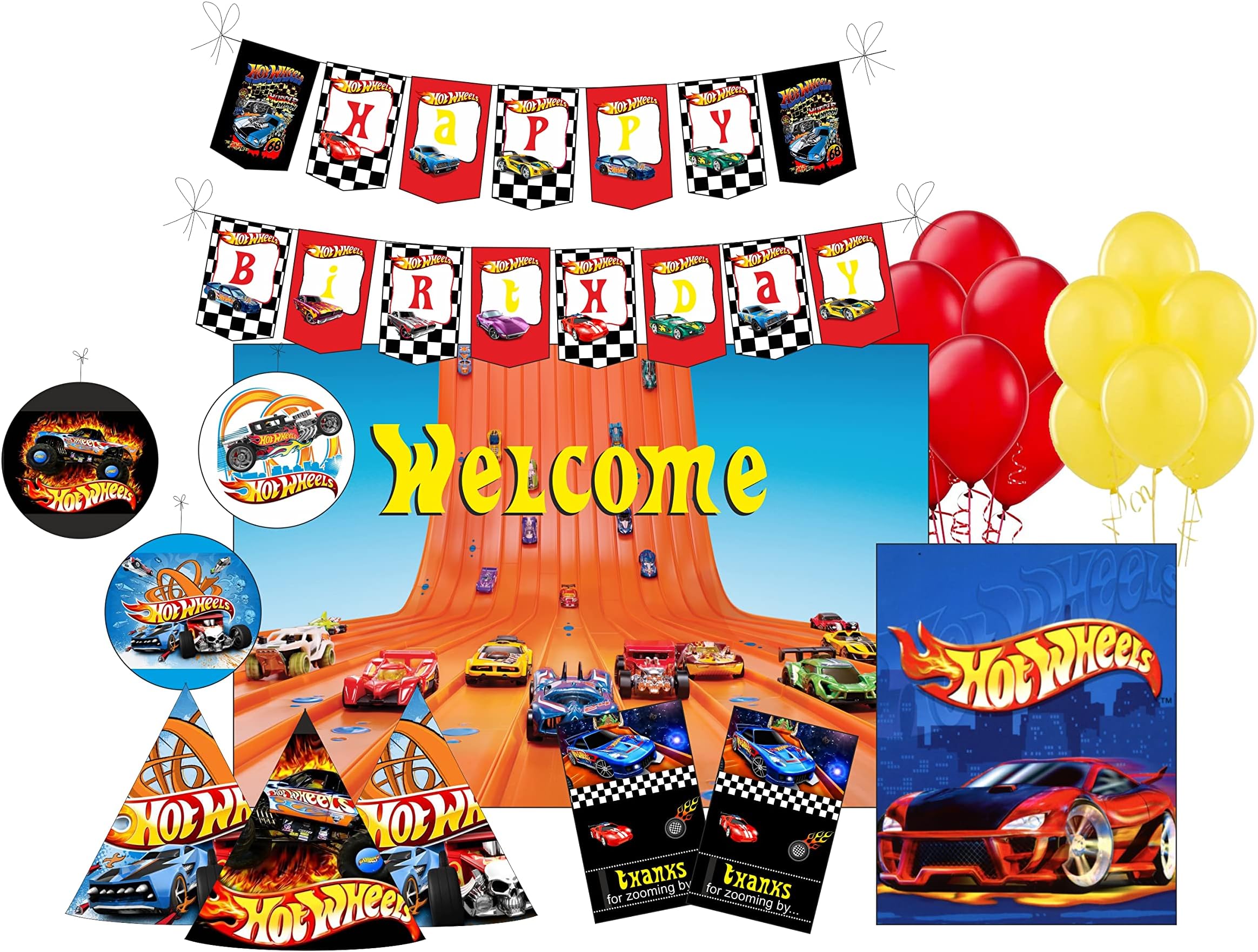 PRETTY UR PARTY Hot Wheels Party Decorations Kit-80 Pcs Includes Banner|Balloons|Thank You|Centerpiece|Danglers|Hot Wheels Party Supplies|Racing Cars Birthday Decor|Diy Décor Pack For Kids|Boys