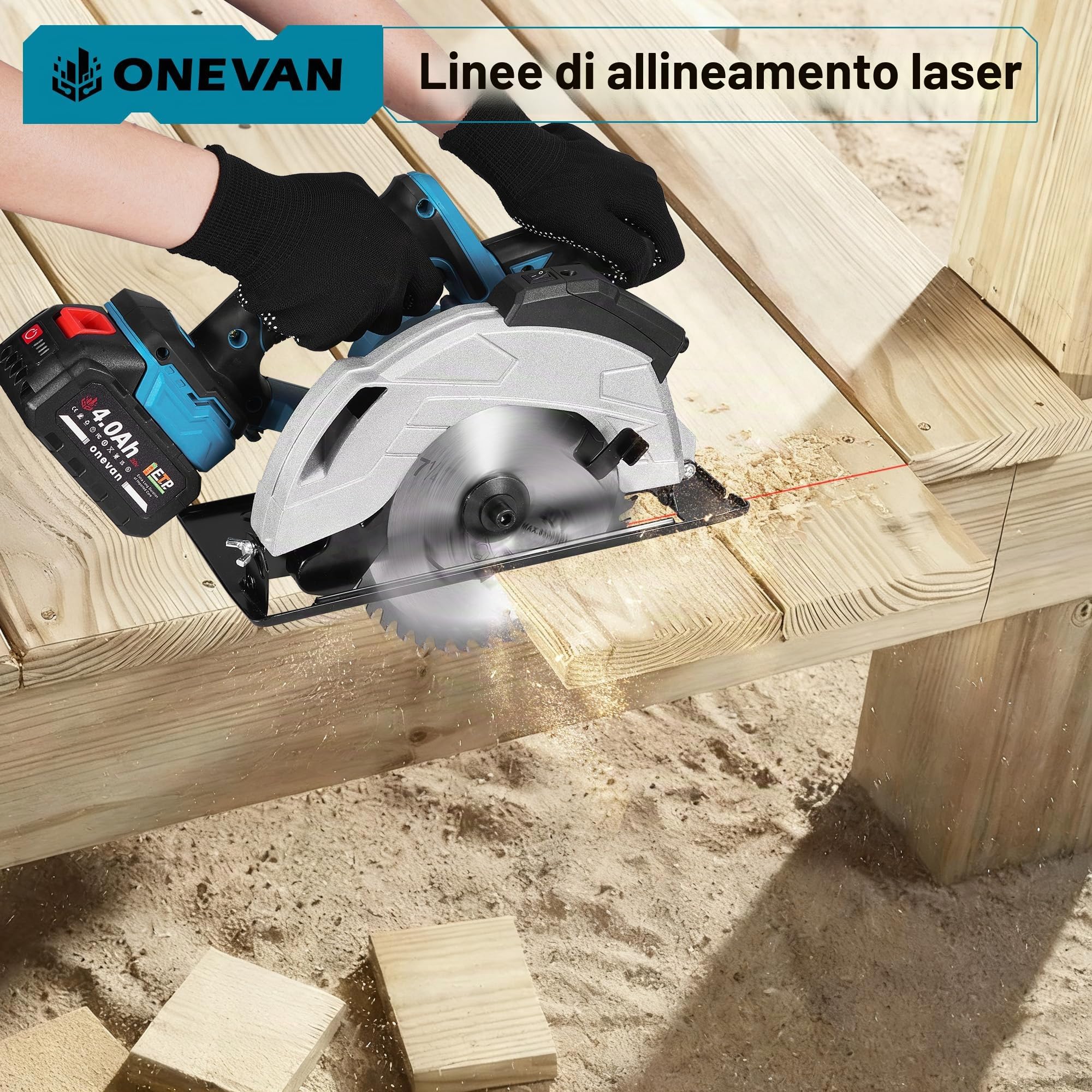 ONEVAN Sega Circolare a Batteria con Laser 125mm Profondità 60mm e 2x4.0Ah | Guida laser precisa, 1200W motore senza spazzole, 0-45° taglio inclinato, 4000 giri/min, Per legno, plastica & metalli