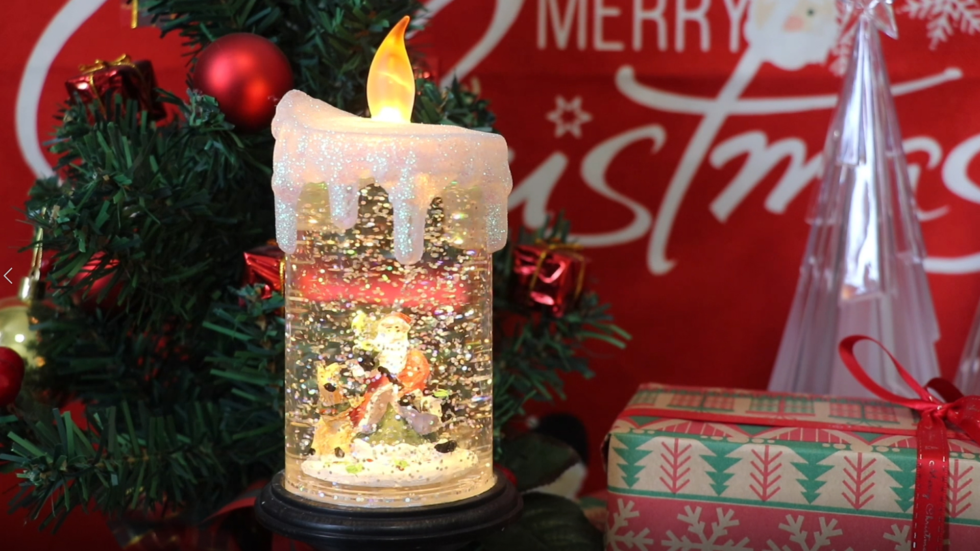 Image of Eldnacele Battery Operated Lighted Flameless Candles Christmas Snow Globe Candle Light Swirling Water Glittering Spinning Candles for Home Decoration(Santa)