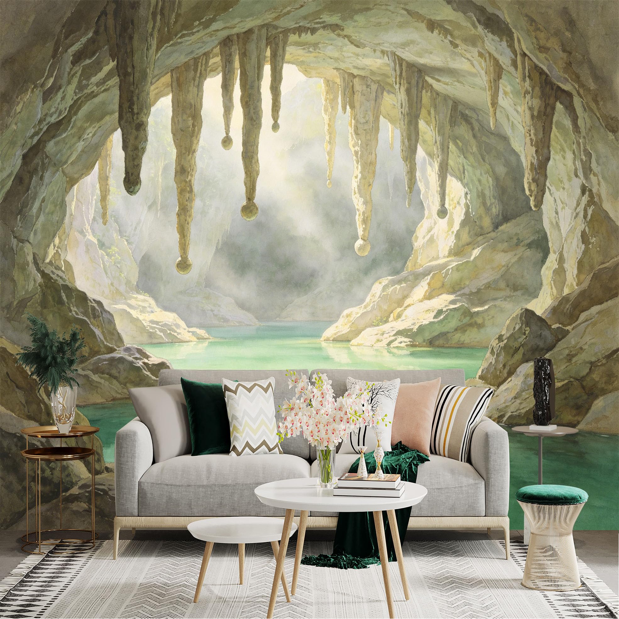 Lnzczhyre Dbh260521694 Custom Size Wall Sticker Mural， Limestone Cave With Stalactites， Underground Crystal Lake， Ethereal Sunlight Reflection， For Wall Decoration， Peelandstick Wall Decals.