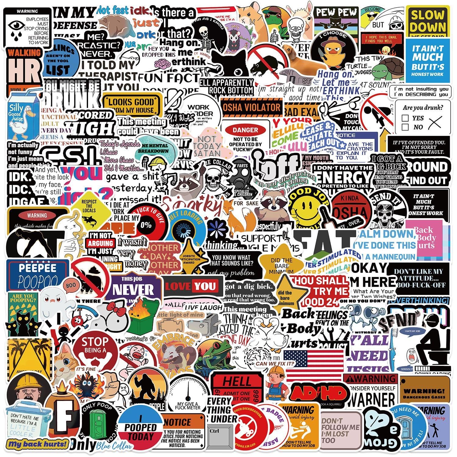 200 Pcs Funny Stickers for Adults - Waterproof Meme Sticker Pack for Water Bottles, Laptop & Hard Hats | Sarcastic Humor, Dark Comedy Decals - No Repeats!