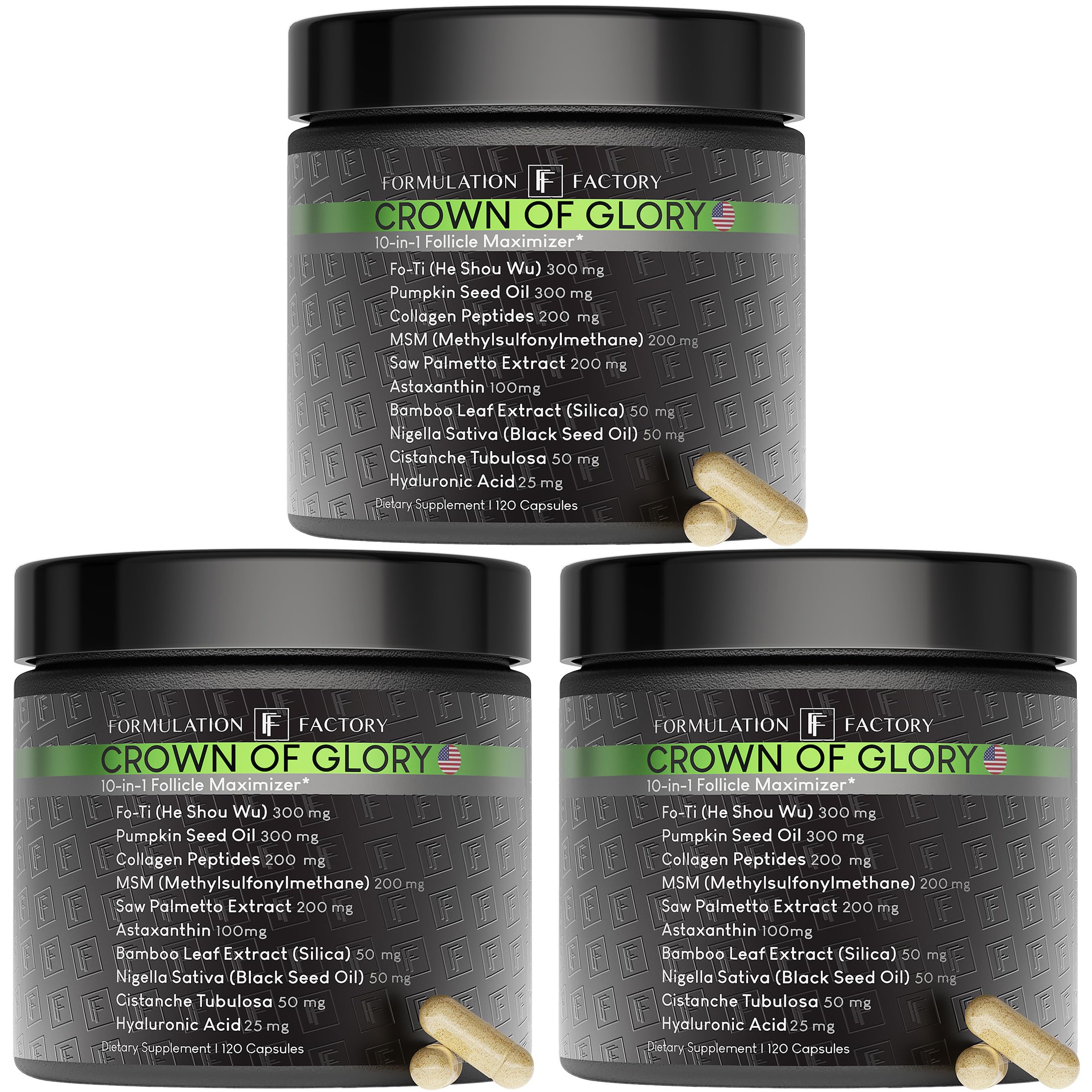 Formulation Factory Crown of Glory 10-in-1 Hair Growth Supplement with Fo-Ti, Saw Palmetto, Pumpkin Seed Oil, Collagen & More, Supports Hair, Nails & Skin (6 Month Supply, 360 Capsules)