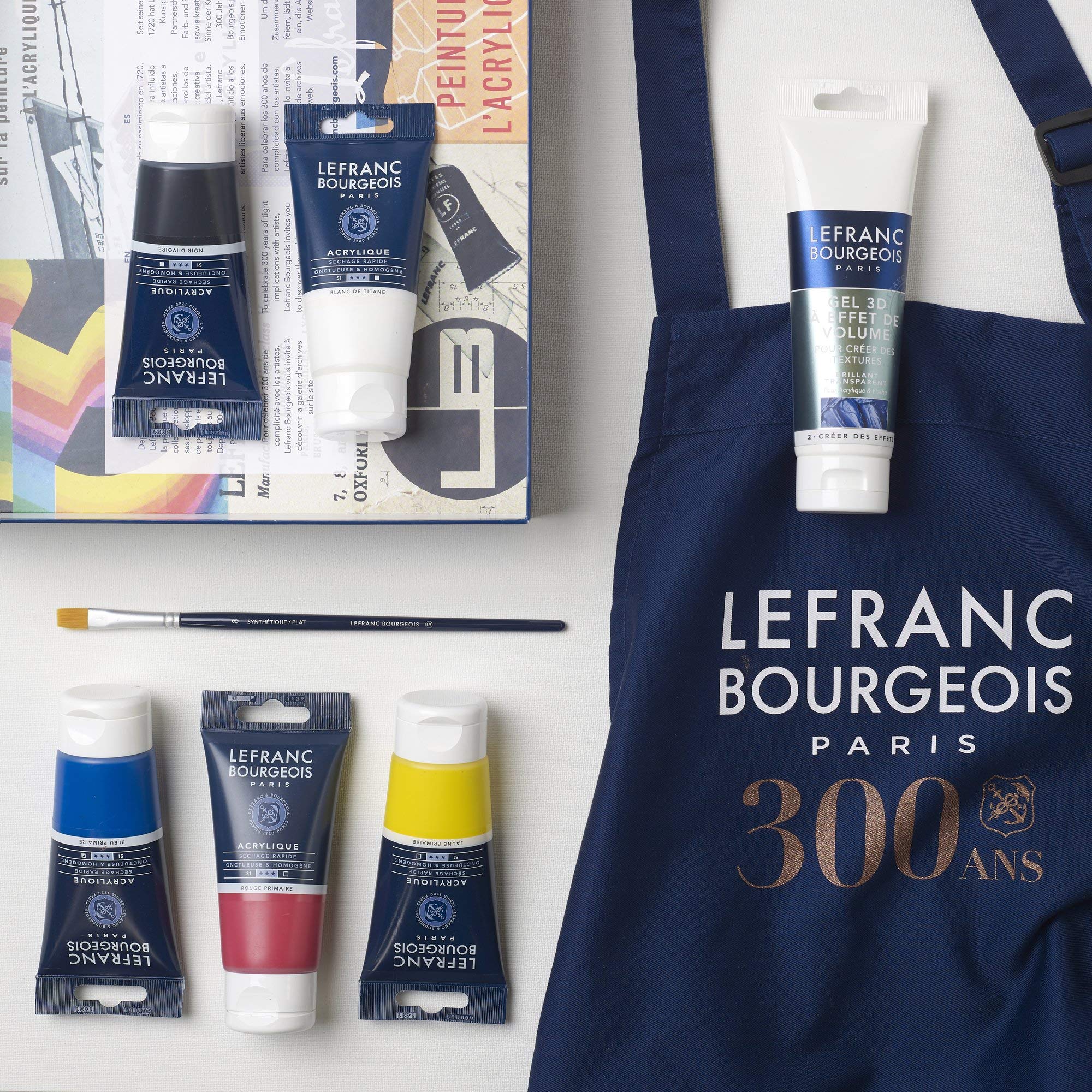 Lefranc Bourgeois Set de pintura acrílica, Multicolor, 5 tubos x80ml + 1 gel x 120 ml + 1 pincel + 1 delantal