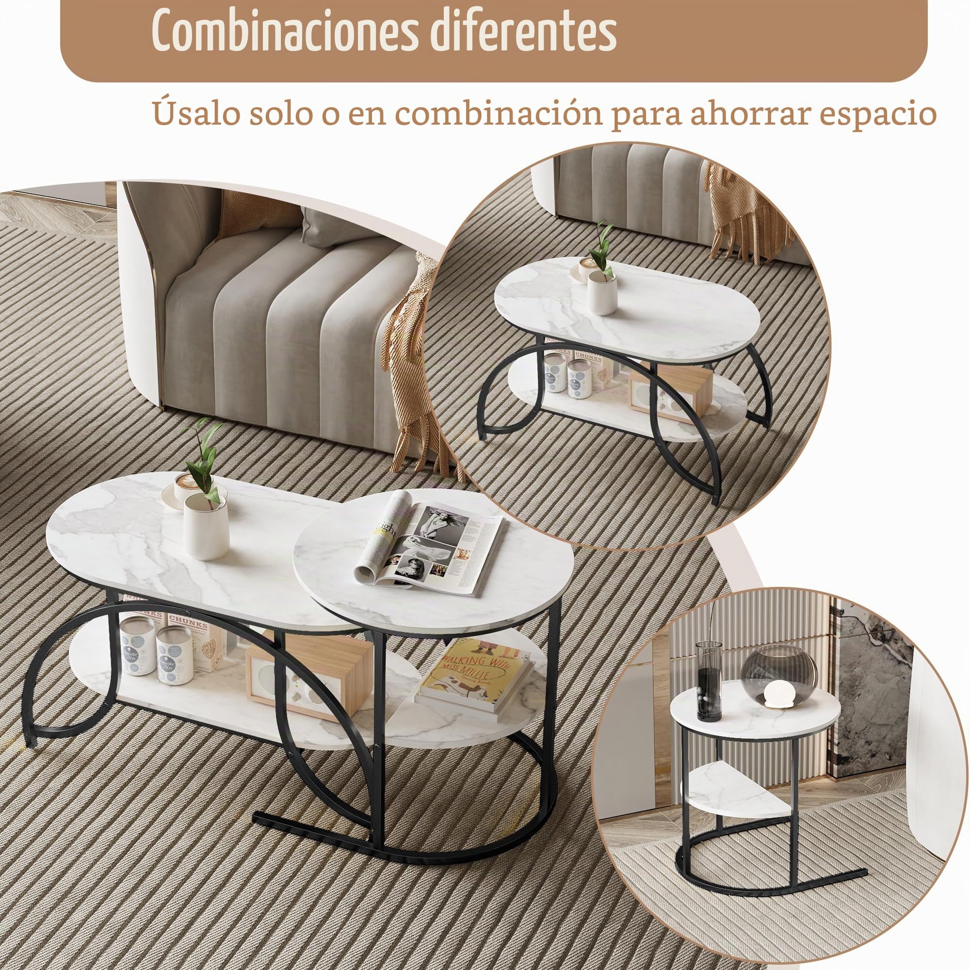 Juego de 2 mesas bajas para salones, mesas de salón separadas, mesa Gigogne de diseño de mármol, con espacio de almacenamiento, efecto de mármol, marco de metal, mesa auxiliar apilable (negro