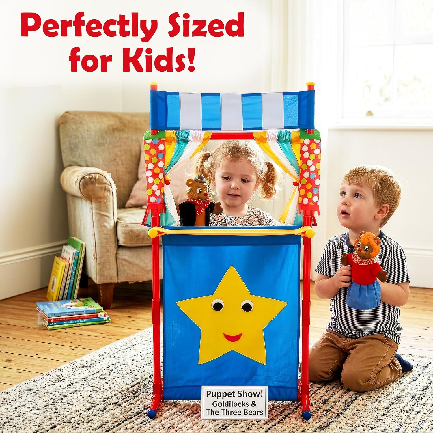 Kiddie Play Puppet Theater for Kids Floor Show Stand with Curtains (Blue) | Puppet Show Stage, 21" L X 44" H