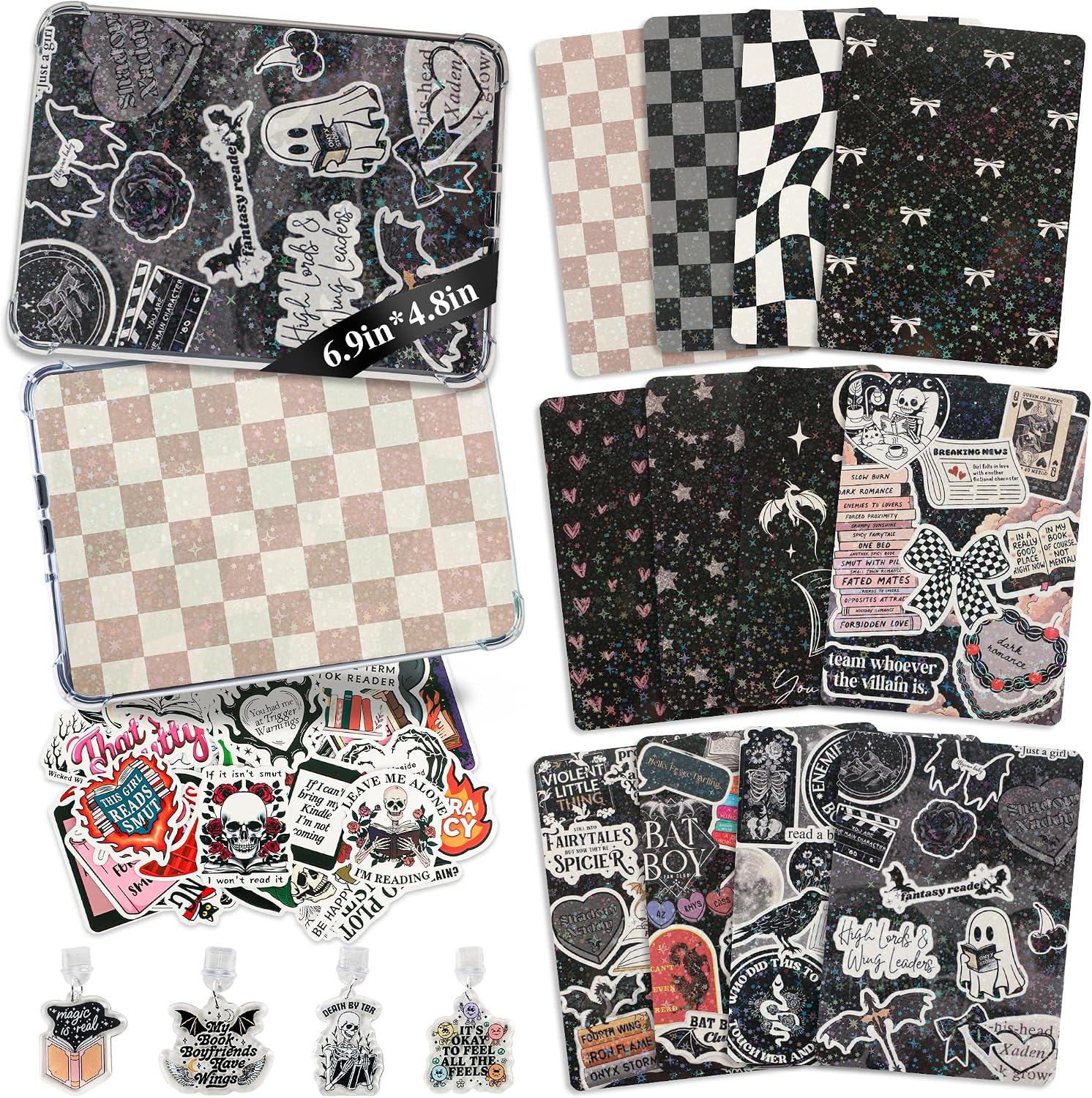 BAWMOY 12PCS Inserts Cardstock for E-Reader - 4 Type-C Charms and 50PCS Stickers for Clear Case Insert - 6.9"x4.8'' Fantasy Theme E-Reader Back Cover Insert Decorating Accessories(Black)