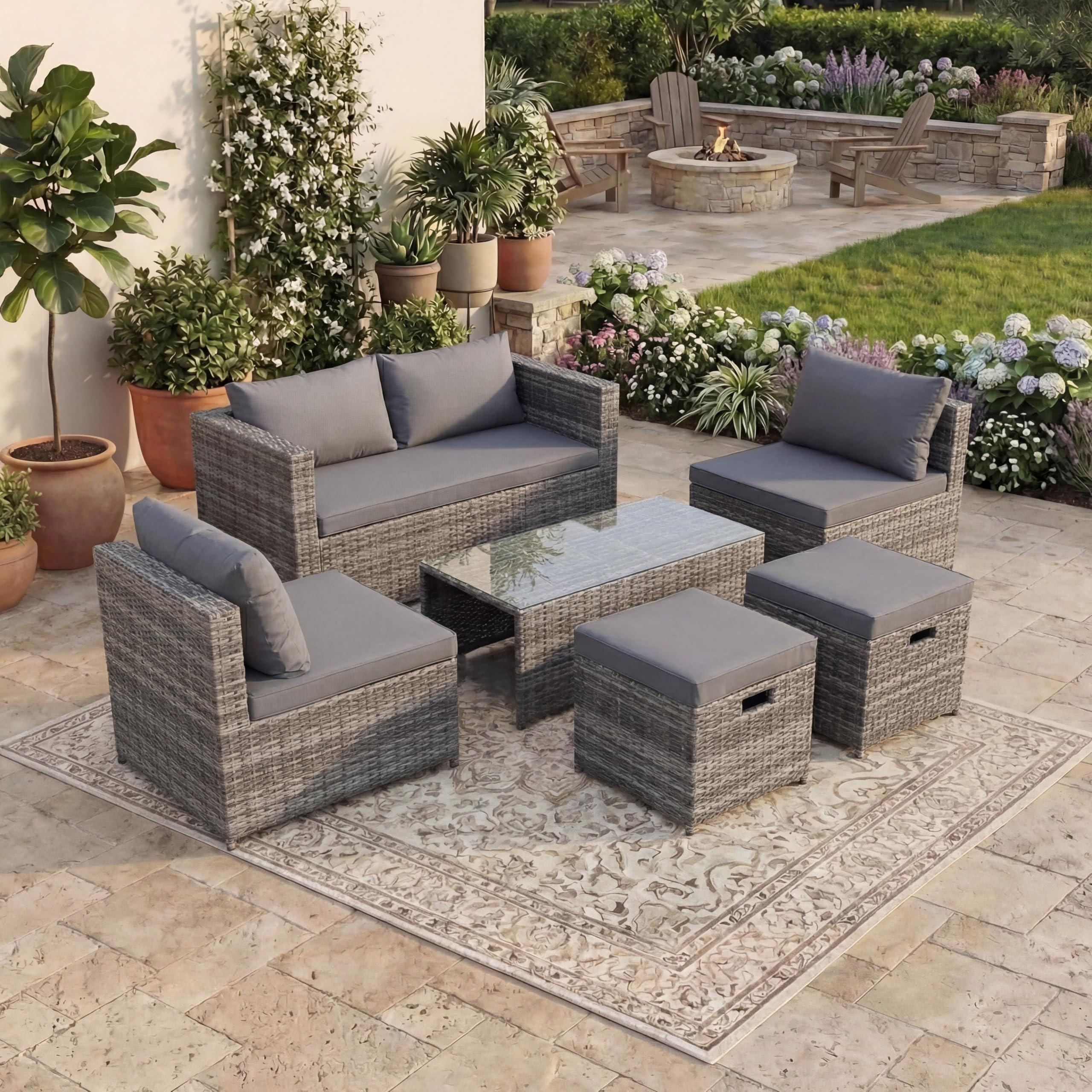 Garden Vida Islay 6 Seater Rattan Seating Set With Cover | Grey | Fully Assembled | Complete Outdoor Patio Garden Furniture Set | Steel Frame & PE Wicker | UKFR Certified | Weather Resistant