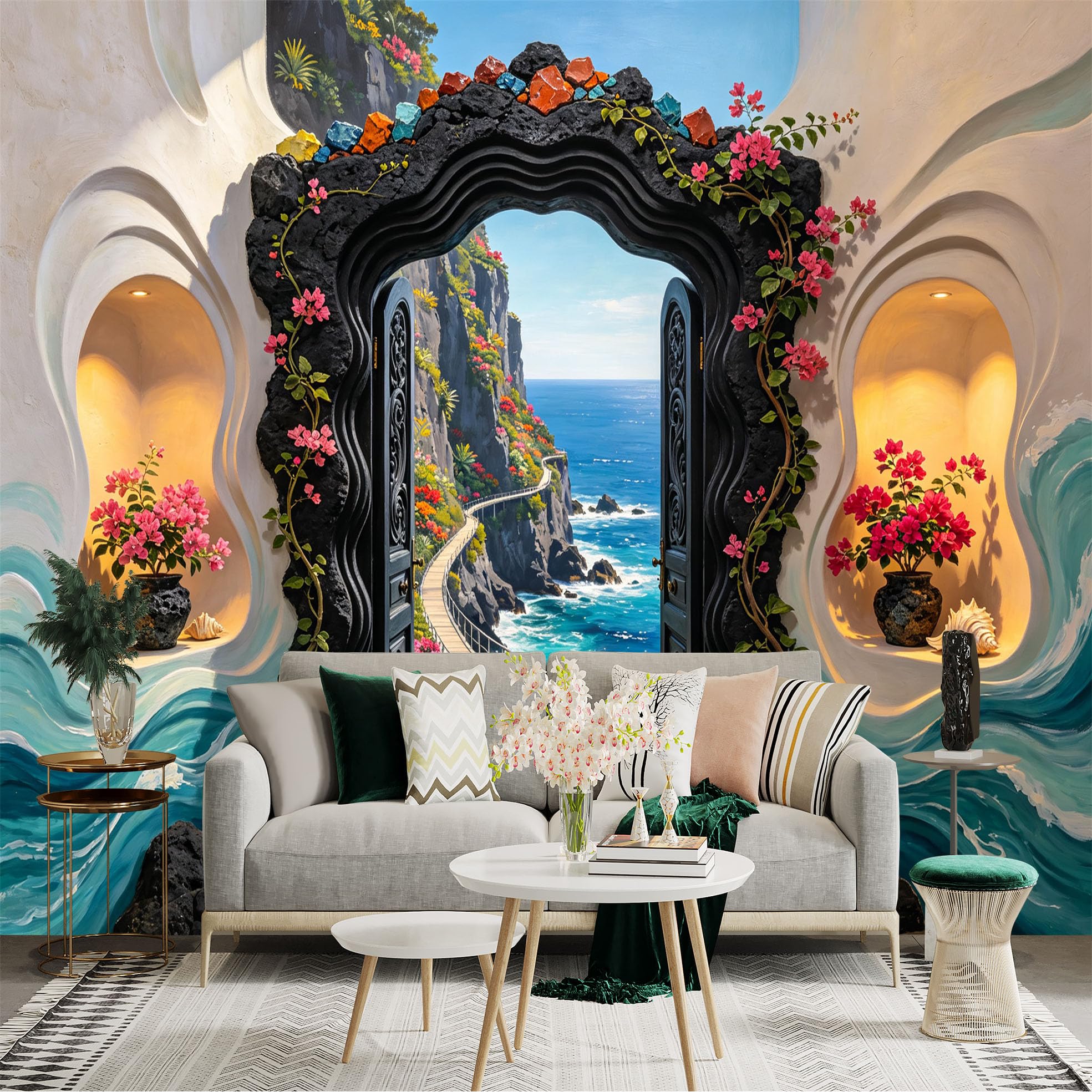 Custom Size Wall Sticker Mural， Coastal Cliff Path Ocean View Floral Archway Seaside Landscape， for wall Decoration， peelandstick wall Decals.