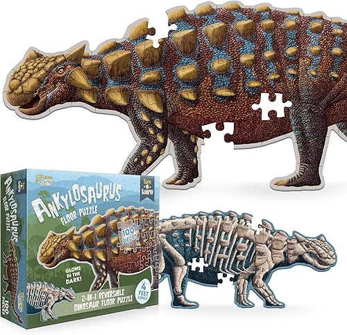Ankylosaurus - Rompecabezas de dinosaurio  Rompecabezas de piso de doble cara de 100 piezas con esqueleto que brilla en la oscuridad en el otro lado