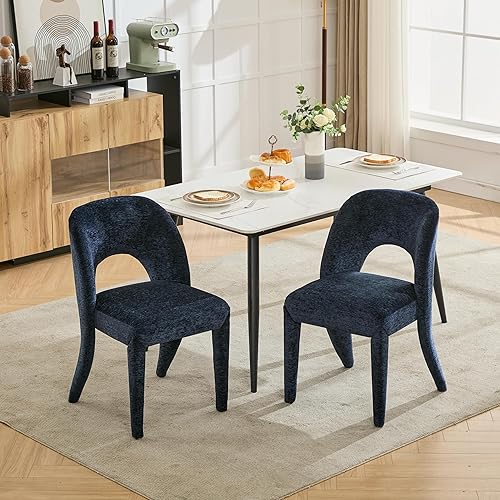 Miniatura 2 de Set of 2 Dining Chairs with Hollowed-Out Backrest, Chenille Upholstered Desk Chair and Table & Chair Sets for Kitchen and Dining Room,Blue