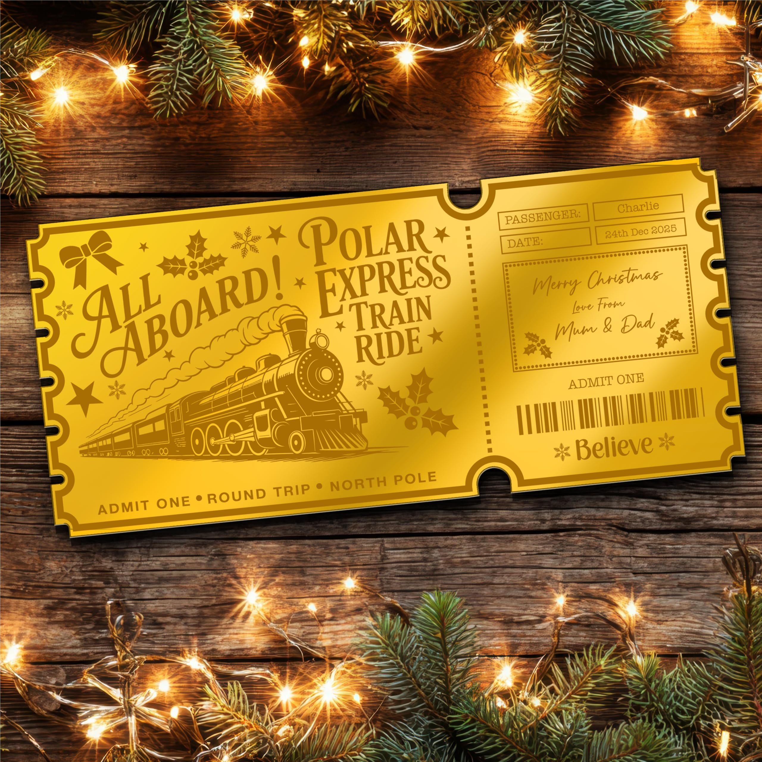 Gold Mirror Acrylic Golden Ticket Polar Express Train Christmas Personalised Any Text Voucher | Custom Surprise Reveal Voucher Ticket | Announcement Greeting Card | Note Card