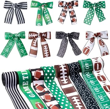 H1vojoxo Football Wired Edge Ribbon - 4 Rolls 24 Yards Brown Green Burlap for Game, Rugby Pastel Bow Wreaths, Theme Fabric for DIY Craft