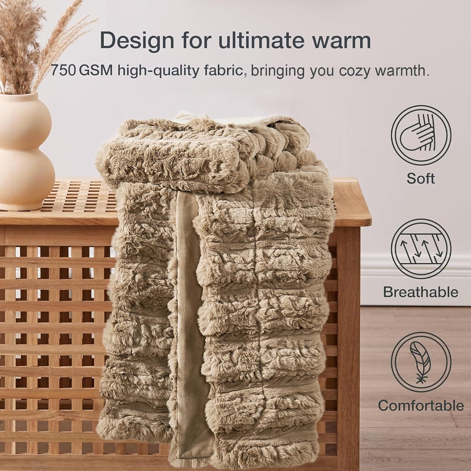 Luxury Faux Fur Throw Blanket Reversible to Cozy Velvet, 750GSM Soft Plush Warm Elegant Fuzzy Blanket for Couch, Bed, Sofa Fluffy Decorative Blankets, 60"x70", Light Taupe