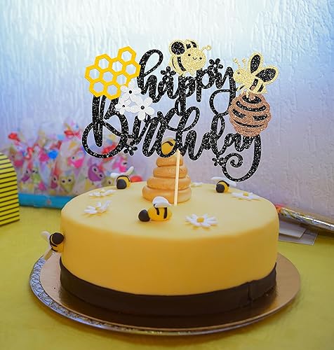 Miniatura 5 de Gyufise 1 decoración para pastel de cumpleaños con purpurina de panal de abeja para decoración de pastel de miel, abejorro, tema de abejorro, baby