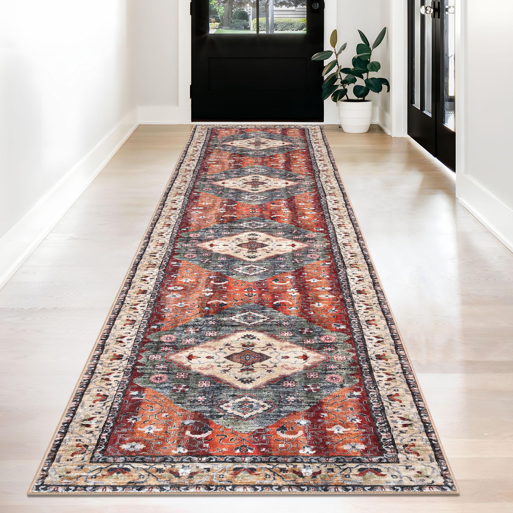 KOZYFLY Runners for Hallways 2.6x12 Ft Extra Long Washable Kitchen Runner Boho Runner Rug for Entryway Indoor Rust Orange Printed Faux Wool Stair Runner Floor Carpet Runner for Stair Kitchen Hall