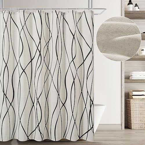Naturoom Cortina de ducha de lino Cortina de ducha de tela resistente de 200GSM para baño con 12 ganchos de plástico impermeable tono neutro