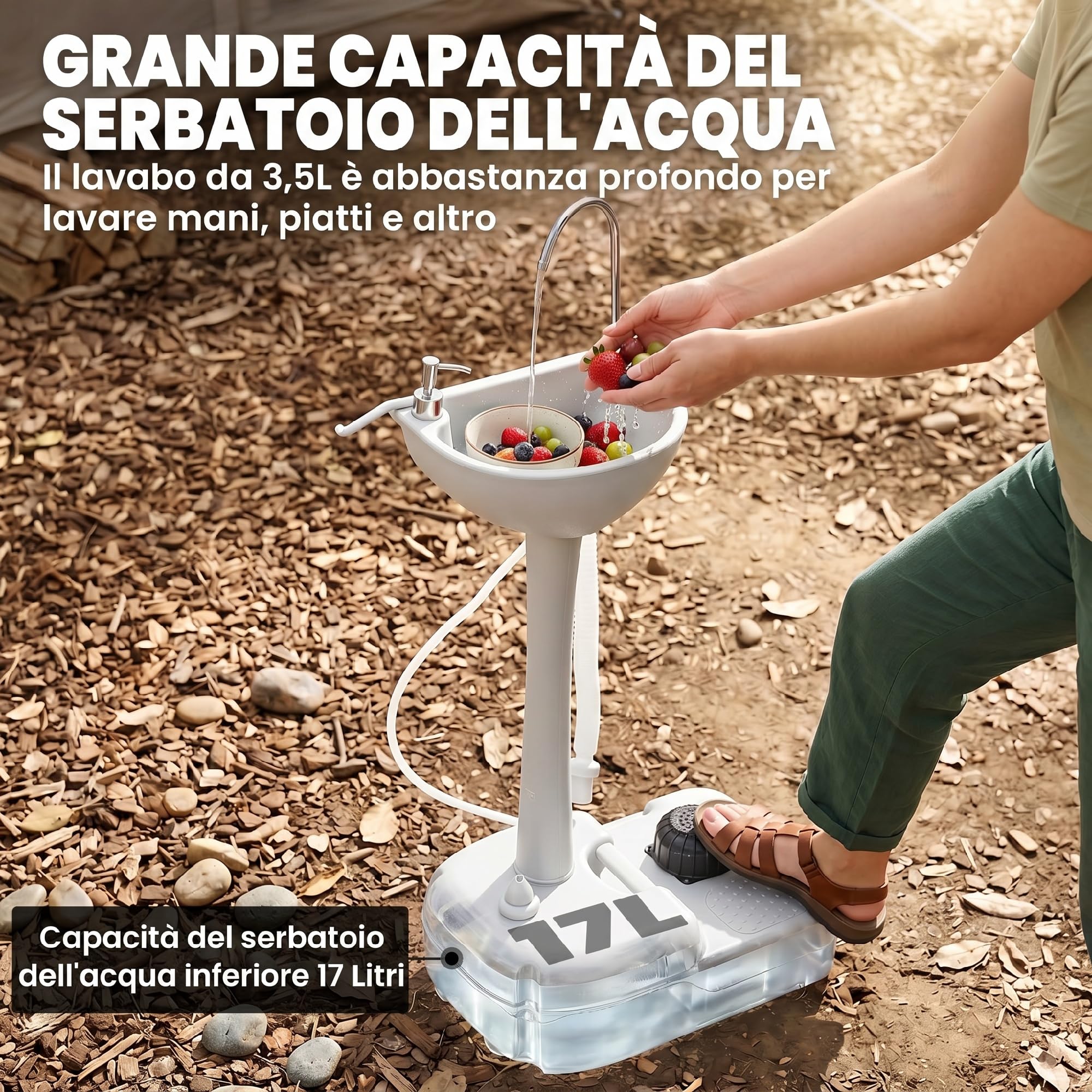 Outsunny Lavabo Portatile da Campeggio con 2 Ruote, Maniglia, Serbatoio Acqua 17L e Serbatoio Sapone 3.5L, 51x33.5x103cm