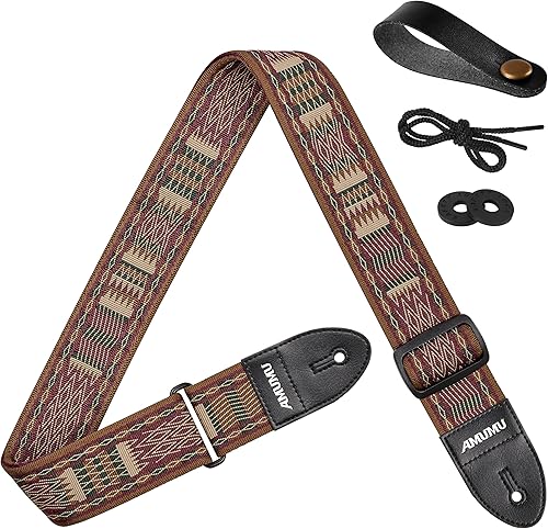 Amumu Correa de guitarra  Patrón retro inspirado en tribales de 2 pulgadas, tejido de poliéster con extremos de cuero de microfibra, para acústico,