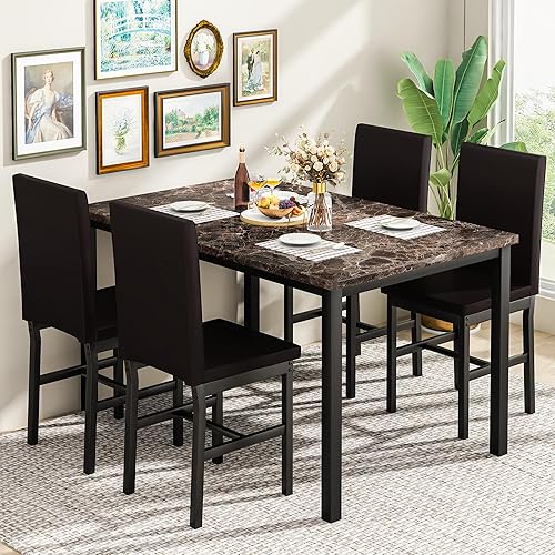 Miniatura 4 de Hooseng Juego de mesa de comedor de 5 piezas para 4, mesa de cocina de mármol sintético con sillas tapizadas, juego de mesa moderno para comedor,