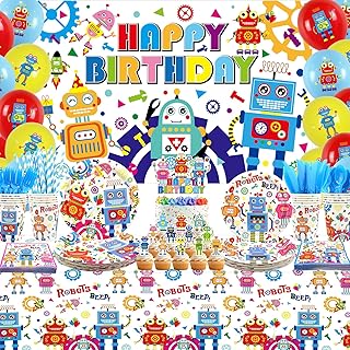 Robot Birthday Party Decorations, Robot Happy Birthday Backdrop, Cake Toppers, Tableware, Tablecloth and Balloons, Robot Theme Party Supplies for Boys Girls Kids Baby Shower, Serves 20