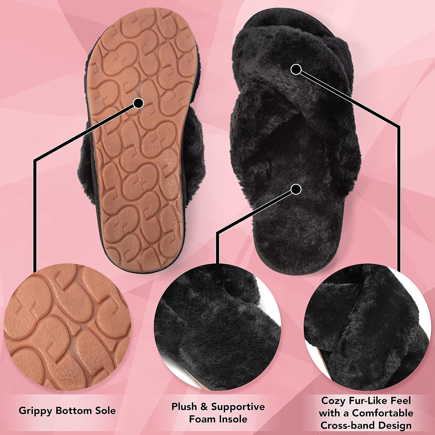 Debbie Carroll Women's Cross Band Slippers Soft Plush Furry Cozy Open Toe House Shoes Indoor or Outdoor Faux Rabbit Fur Warm Comfy Slip On Breathable Anti-skid Sole (Black), 7-8 - Image 7