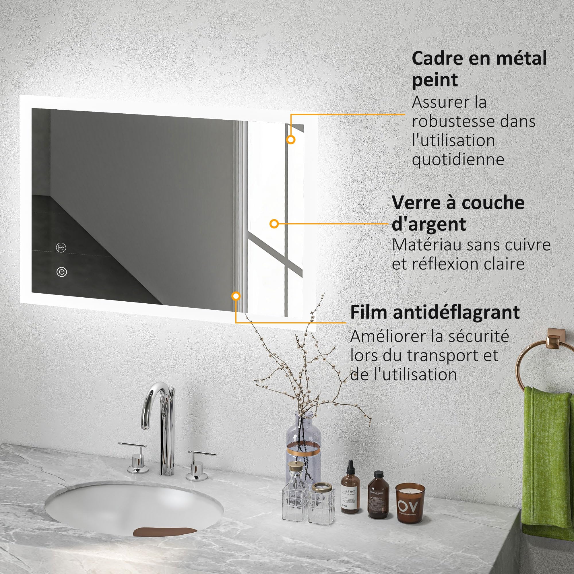 kleankin Miroir Mural Lumineux LED de Salle de Bain 80 x 60 cm Transparent | Avec 3 Couleurs, Luminosité Réglable, Interrupteur Tactile, Système Antibuée