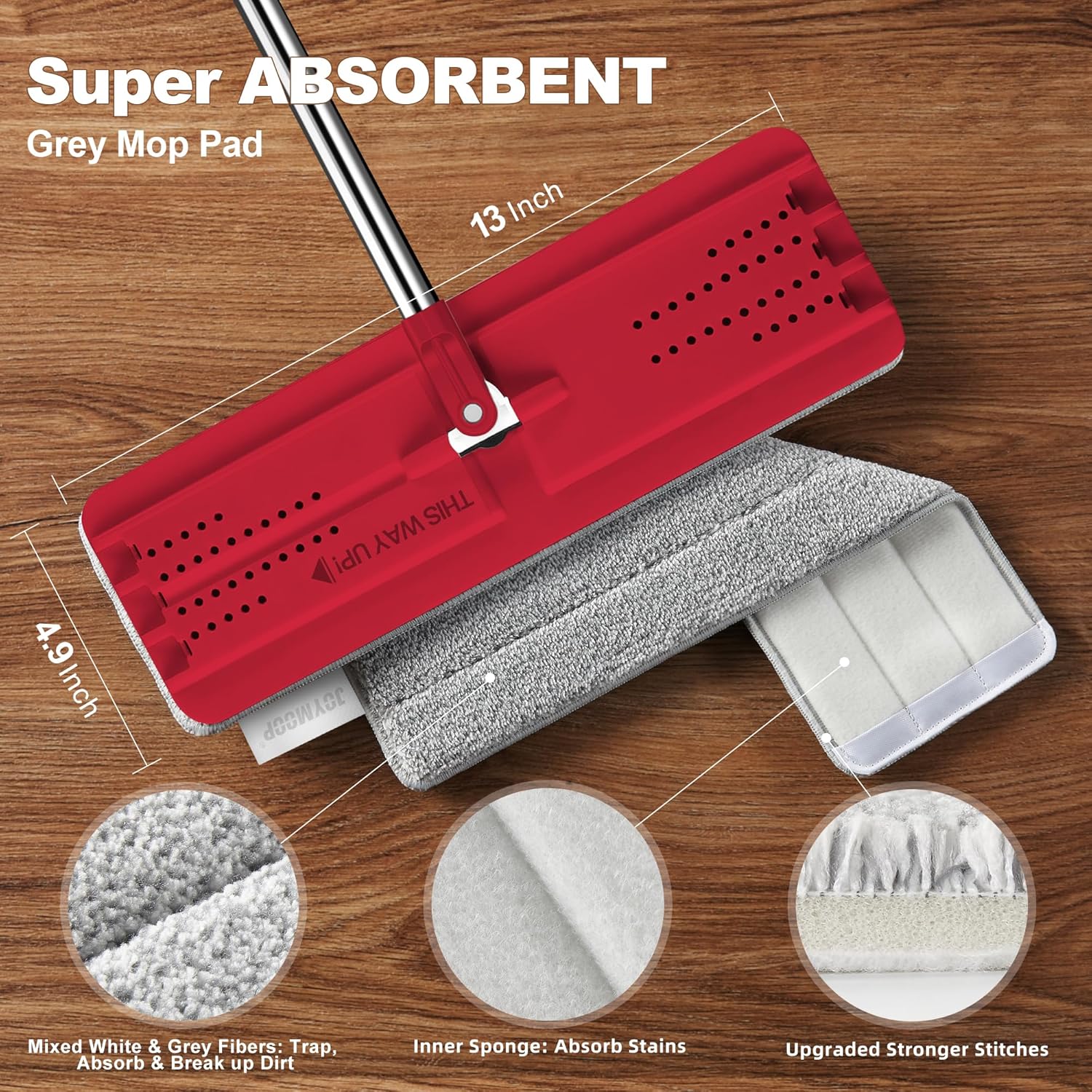 joymoop flat mop, microfiber mops for floor cleaning and wall cleaner, 50" mops with 13" flat head with a microfiber mop pad - black & red black & red 50" mop with 13" mop-head