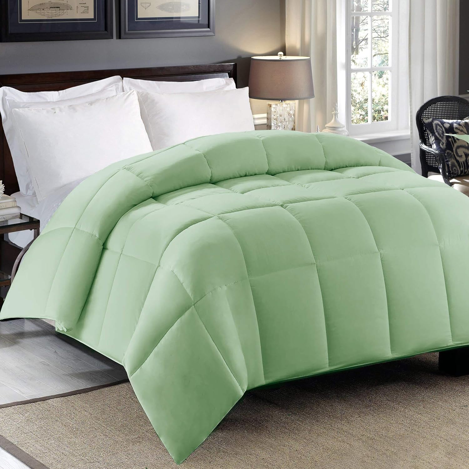 Blue Ridge Home Fashions 300 Thread Count Cotton Sateen Full-Queen in Smoke Green Color Down Alternative COMFORTERS