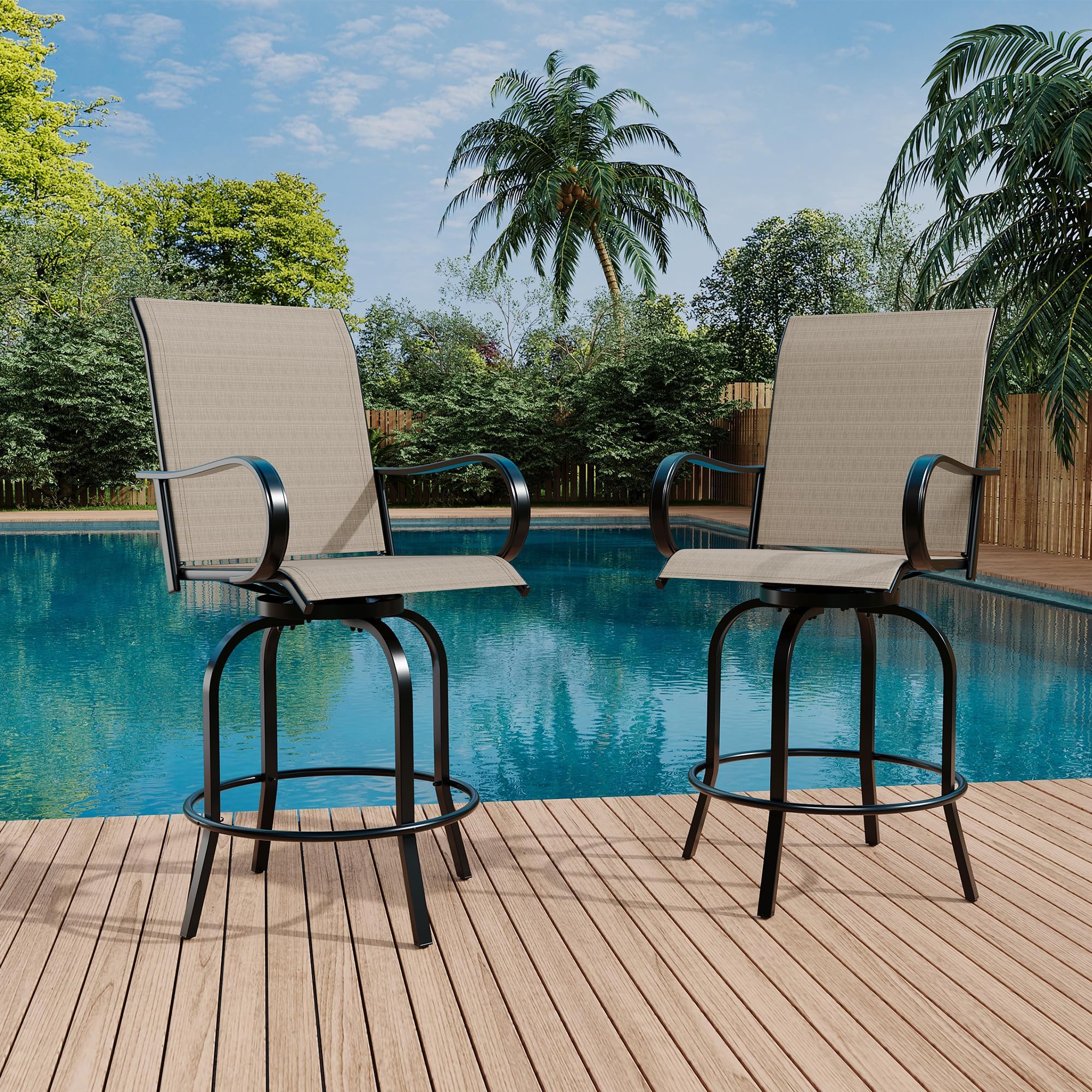 Garvee Ensemble De Bar De Jardin, Table Haute Carrée en Verre Trempé, Tabourets Pivotants, Mobilier Extérieur Résistant Intempéries, Idéal pour Terrasse, Balcon, Jardin, Piscine