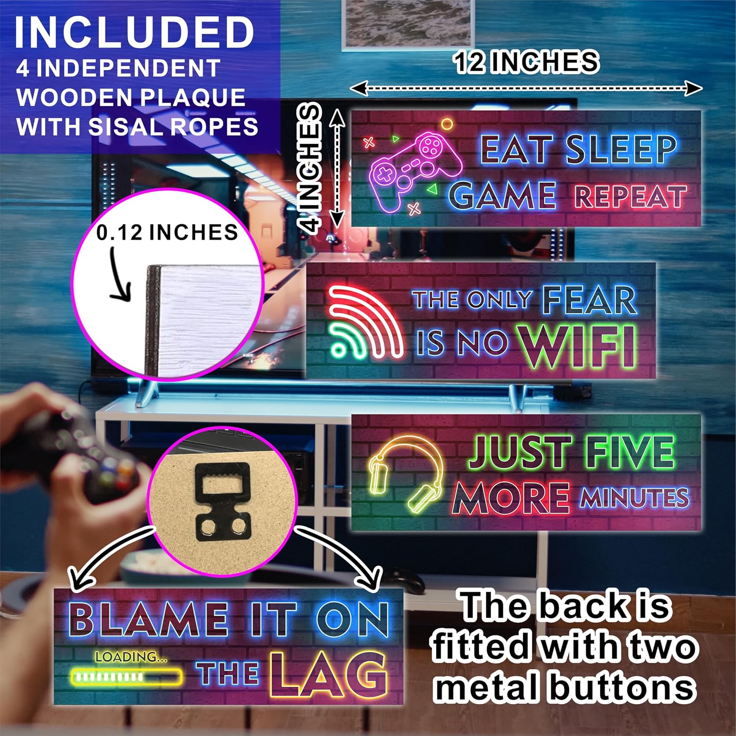 4 Pcs Neon Gaming Wall Decor, Colorful Video Game Hanging Decoration Sign For Boys, Kids, Teens, Playroom Gaming Theme Wooden Plaque, Decorations & Accessories - A05 image 2