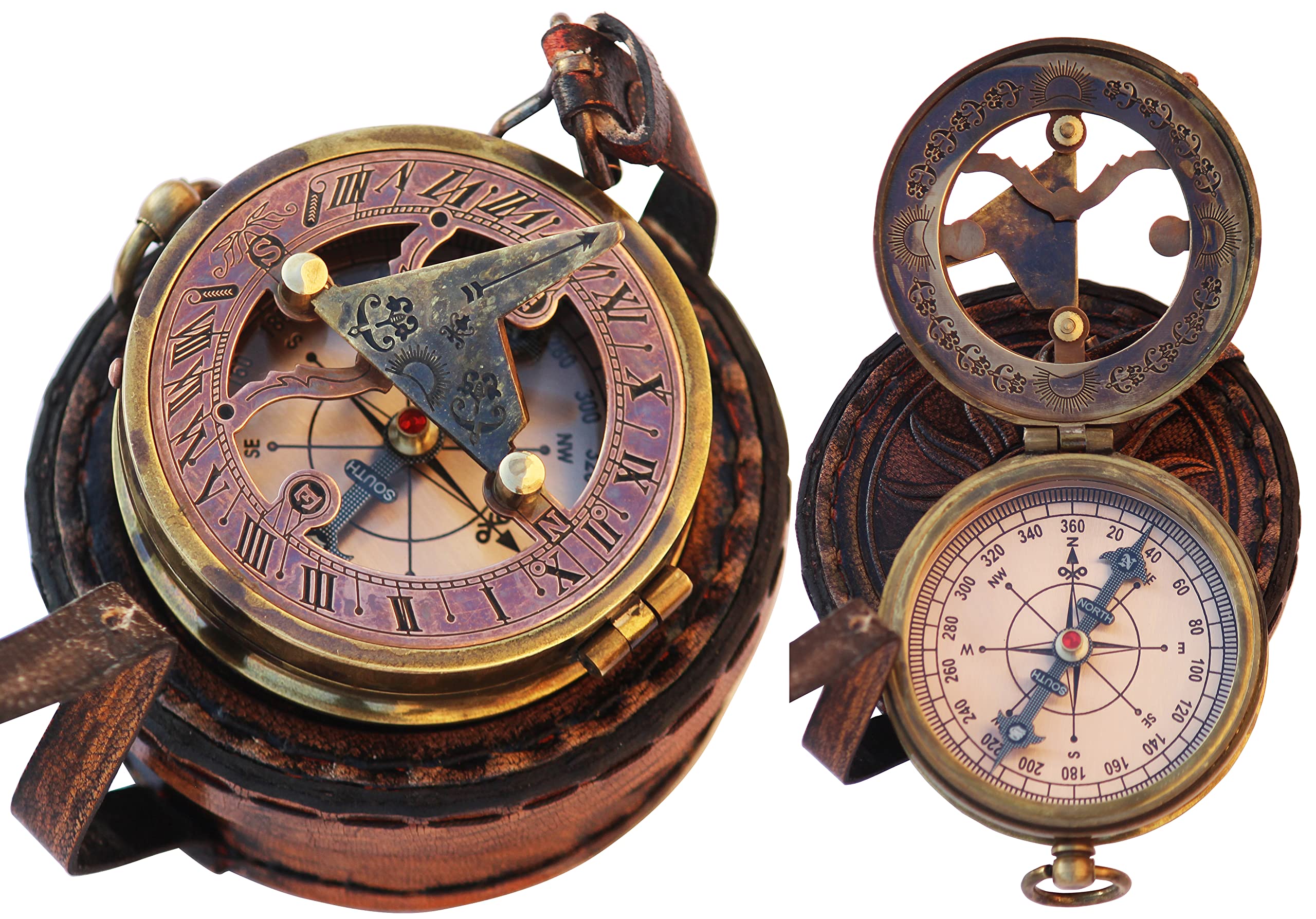Brass Sundial Compass Beautiful Gift Item with Leather Case - Sun Clock - Steampunk Accessory – Nautical Gift – Wedding Gifts for Him – Sundial Watch