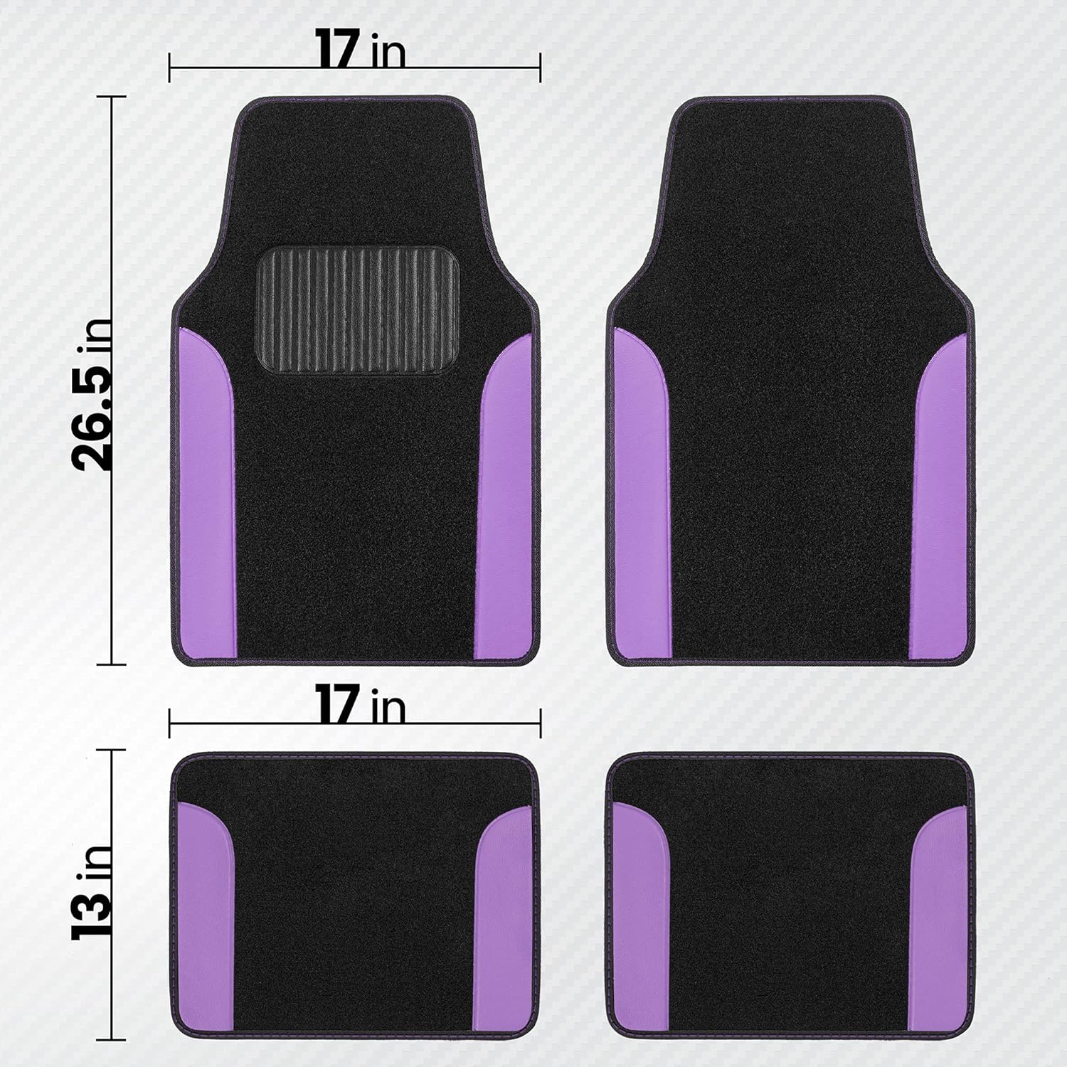 BDK Two-Tone Carpet Car Floor Mats with Faux Leather Accents, Automotive Floor Mat Set with Built-in Heel Pad, Stylish Interior Car Accessories (Purple) (Pack of 2)