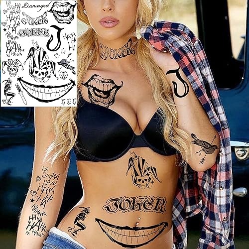 Miniatura 5 de COKTAK 6 hojas de tatuajes temporales de Joker para hombres, mujeres y niños, kit de maquillaje de Halloween, disfraz de cosplay, tatuajes faciales