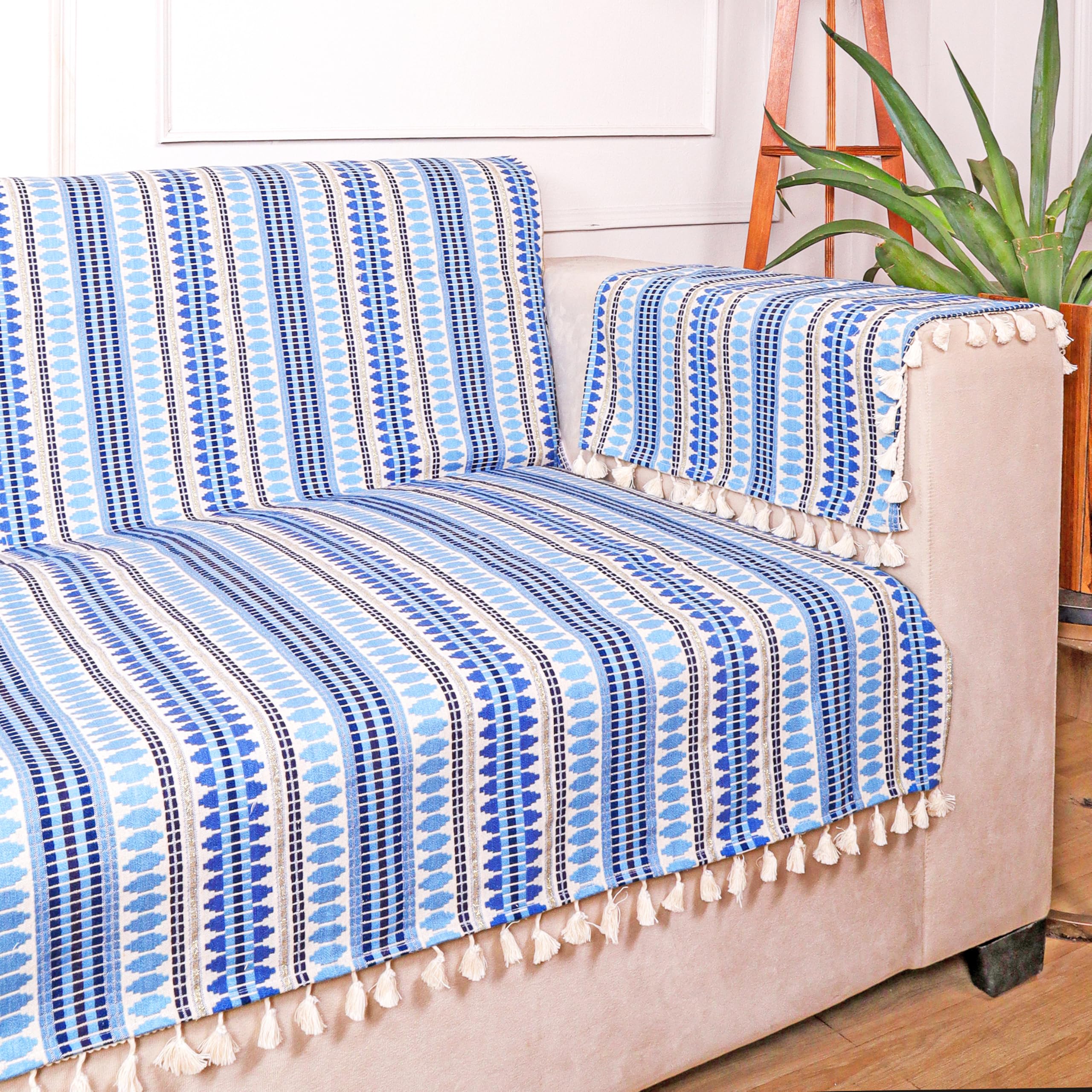 STITCHNEST Woven 1 Seater Sofa Protector with 2 Hand Rest Covers – Blue & White Stripe Design – Washable Fabric with Tassels – Stylish Sofa Cover for Modern Living Room & Furniture Décor