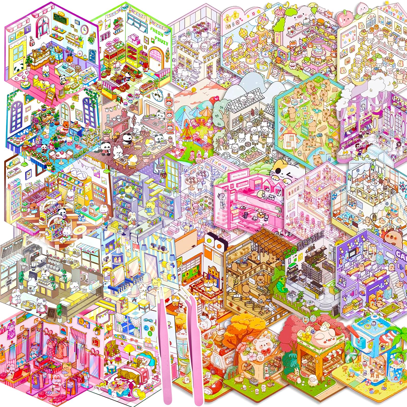 30 Sets DIY 3D House Stickers Kit Non-Toxic & Safe 3D Miniature Scene Therapy for Kids and Adults Stress Relief Sticker Scenes with Tweezers Reusable DIY Sticker Therapy Kit for Age 3+ (30set-2)