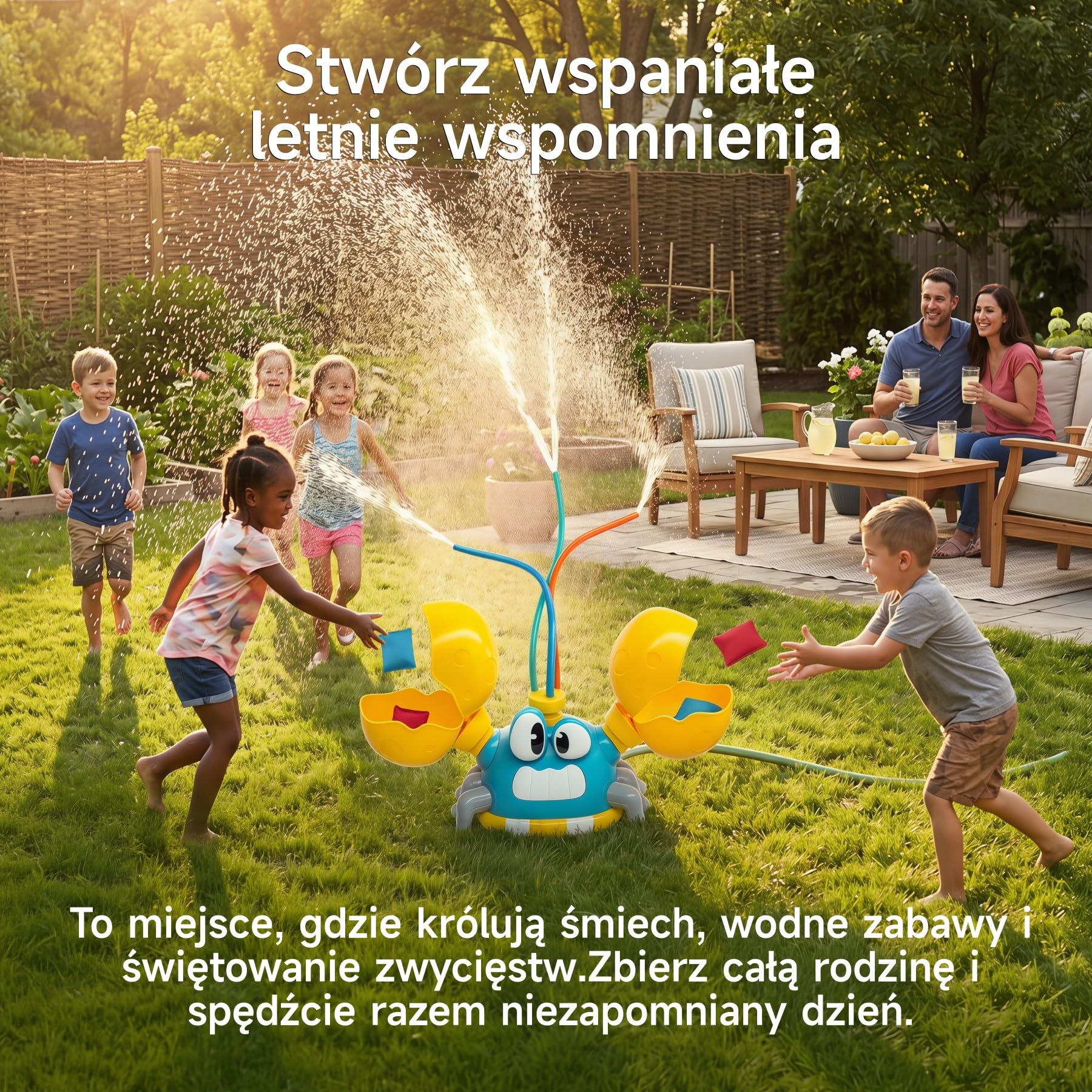 Zraszacz dla Dzieci Krab 3 Tryby + Rzucanie Woreczkami | Trzy tryby wody, ruchome szczypce do rzucania woreczkami, aktywna zabawa i koordynacja