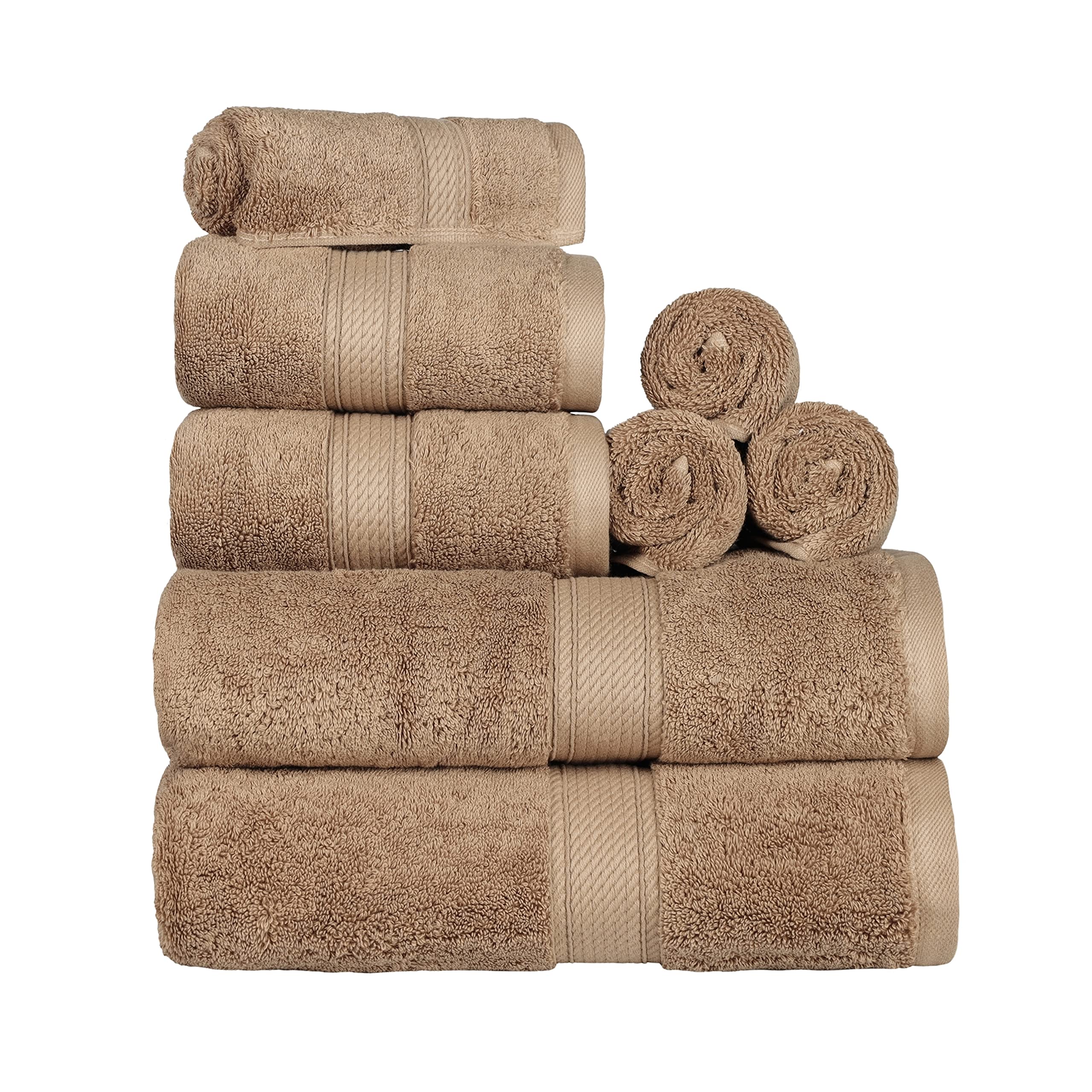 Superior Egyptian Cotton 8-Piece Solid Towel Set, Washcloths 13” x 13”, Hand Towels 20” x 30”, Bath Towels 30” x 55”, Latte, 8-Pieces by Superior