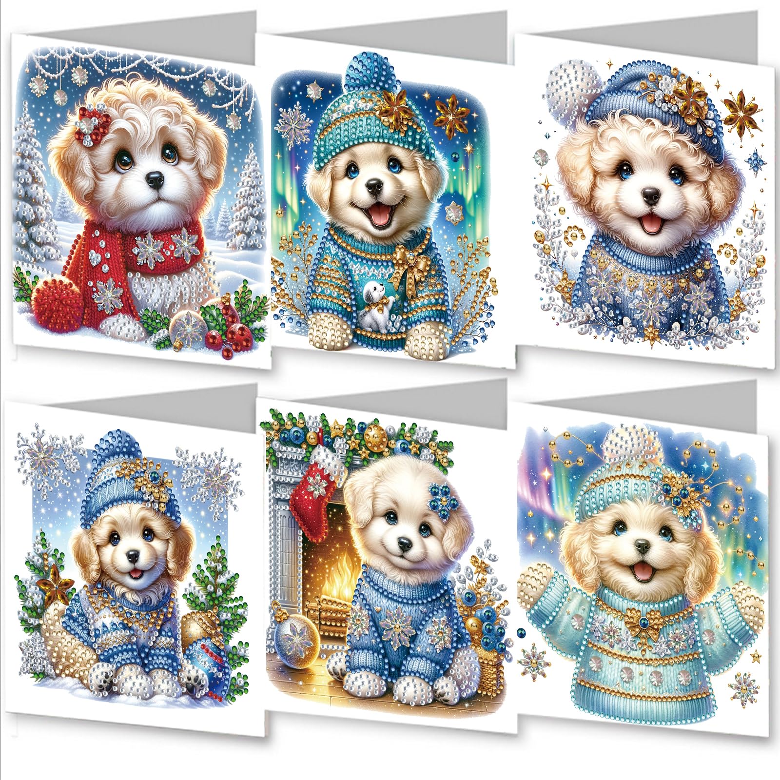 Awesocrafts Dog 6Pcs Cute Puppy Diy Diamond Painting Cards Sets, 5D Art Cards With Envelopes, Postcards For Handmade, Xmas 30 * 15Cm