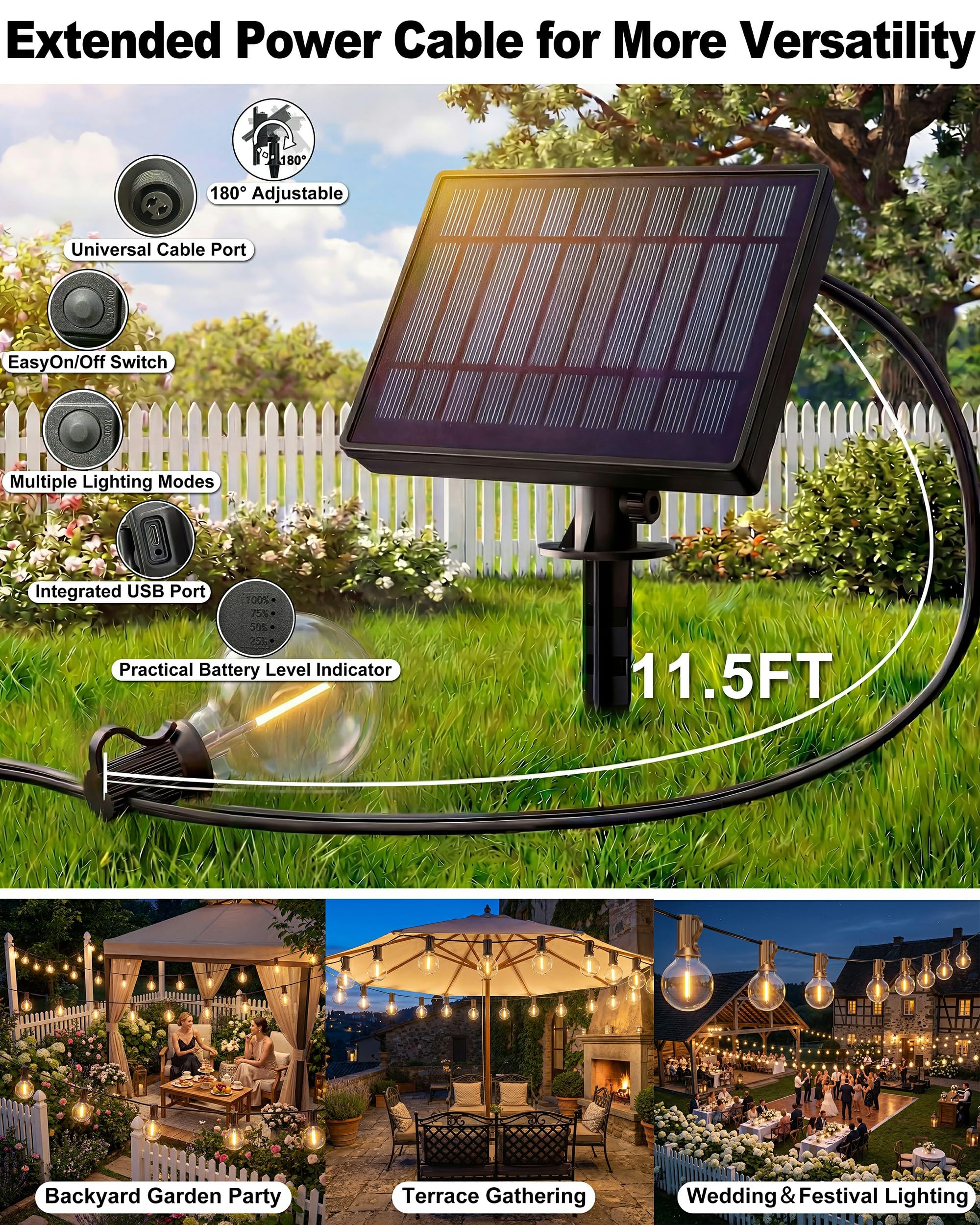 Catena luminosa a energia solare per esterni, 18 m, dimmerabile, per esterni, con telecomando, 25 + 1 lampadina 2700 K, G40, 3 modalità, 5 timer, impermeabile, per balcone, terrazza, feste