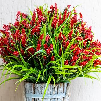 AXYLEX Artificial Lavender Outdoor, 20 Bundles Fake Plants Red | UV resistant faux red lavender & monkey grass, no fade garden, patio, porch, window box & planter decor