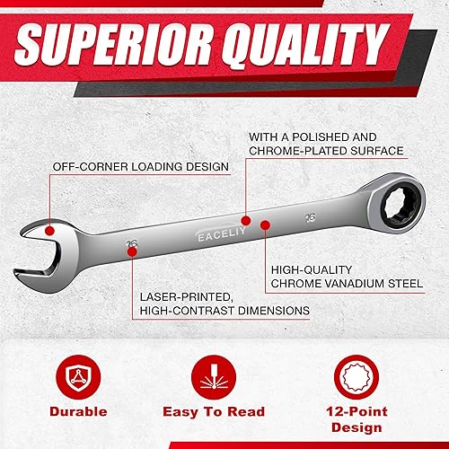 Miniatura 4 de Juego maestro de 26 llaves de trinquete, juegos de llaves combinadas, juego de llaves métricas y SAE, 14 a 78 pulgadas y 0.236-0.748 in, 72 dientes,