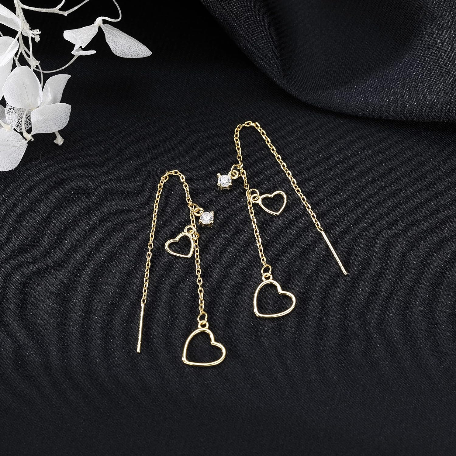 Reffeer Solid 925 Sterling Silver Love Heart Dangle Earrings Chain for Women Teens Heart Tassel Dangle Earrings Drops Threader