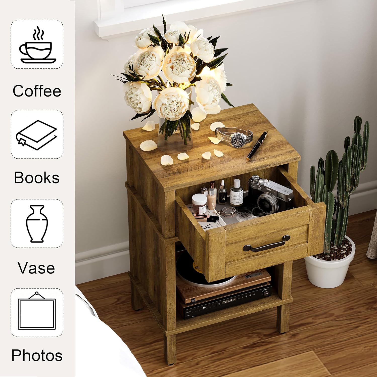 Condition photo showing New/Like New for farmhouse nightstand with drawer, small wood bedside table, small rustic side table, modern end table with drawer, wooden walnut brown night stand for bedroom let512dr rustic brown