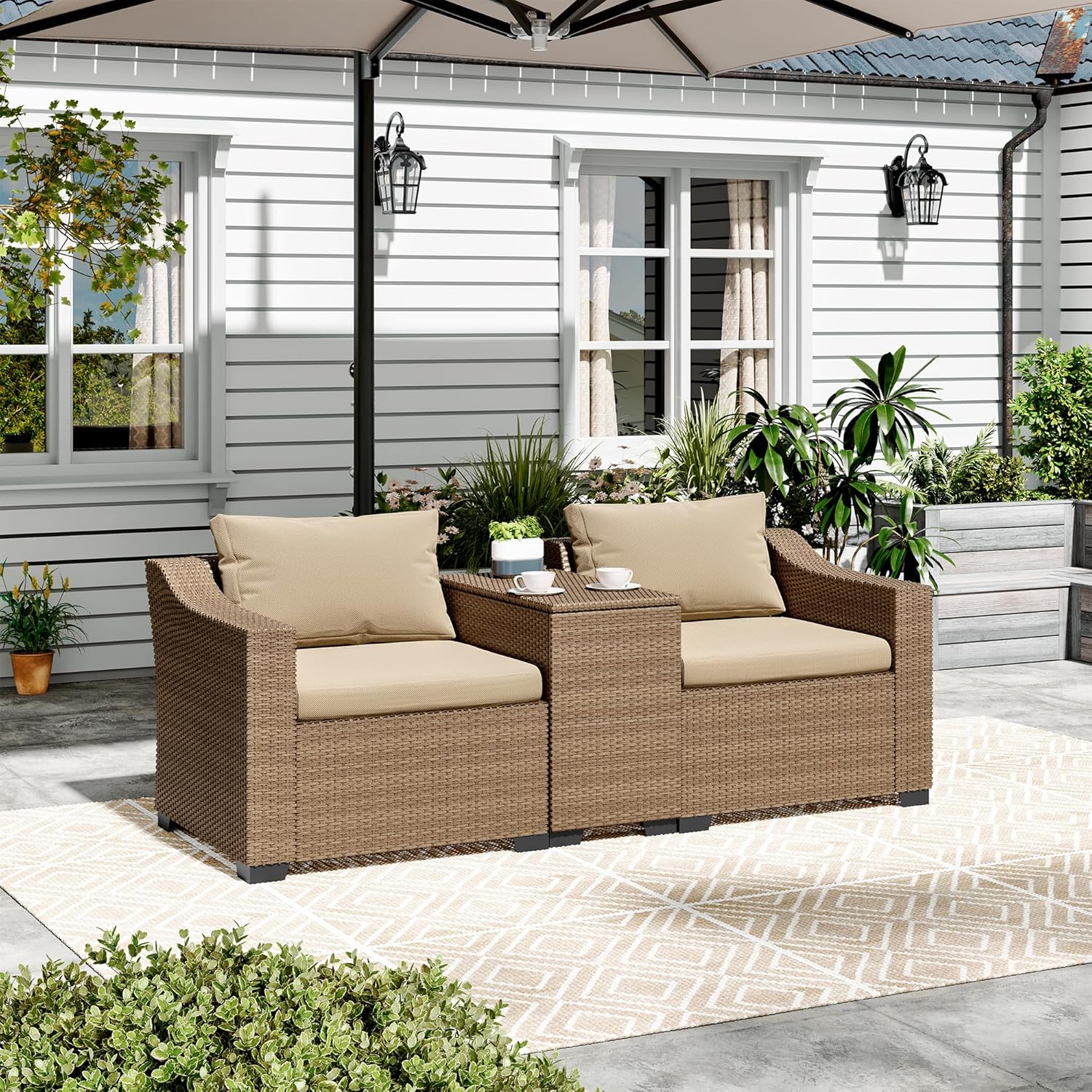 LHBcraft Patio Conversation Set Rattan Outdoor Sectional Furniture Sofa Set Wicker Couch with Coffee Table and Cushions for Poolside, Backyard (Yellow-Beige, 5-PCS)