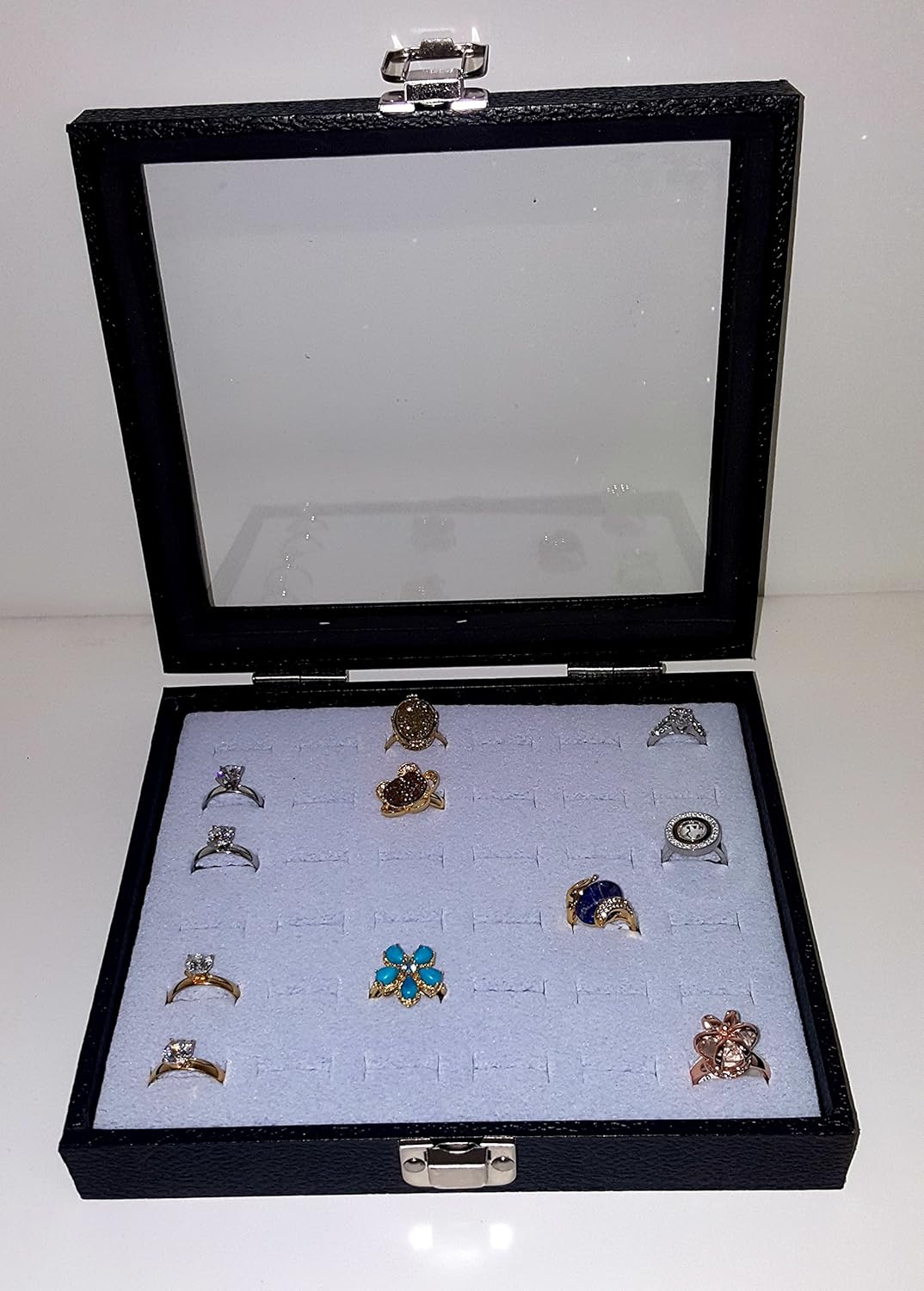 Glass Top Black Jewelry Display Case with 36 Slot Ring Display Insert
